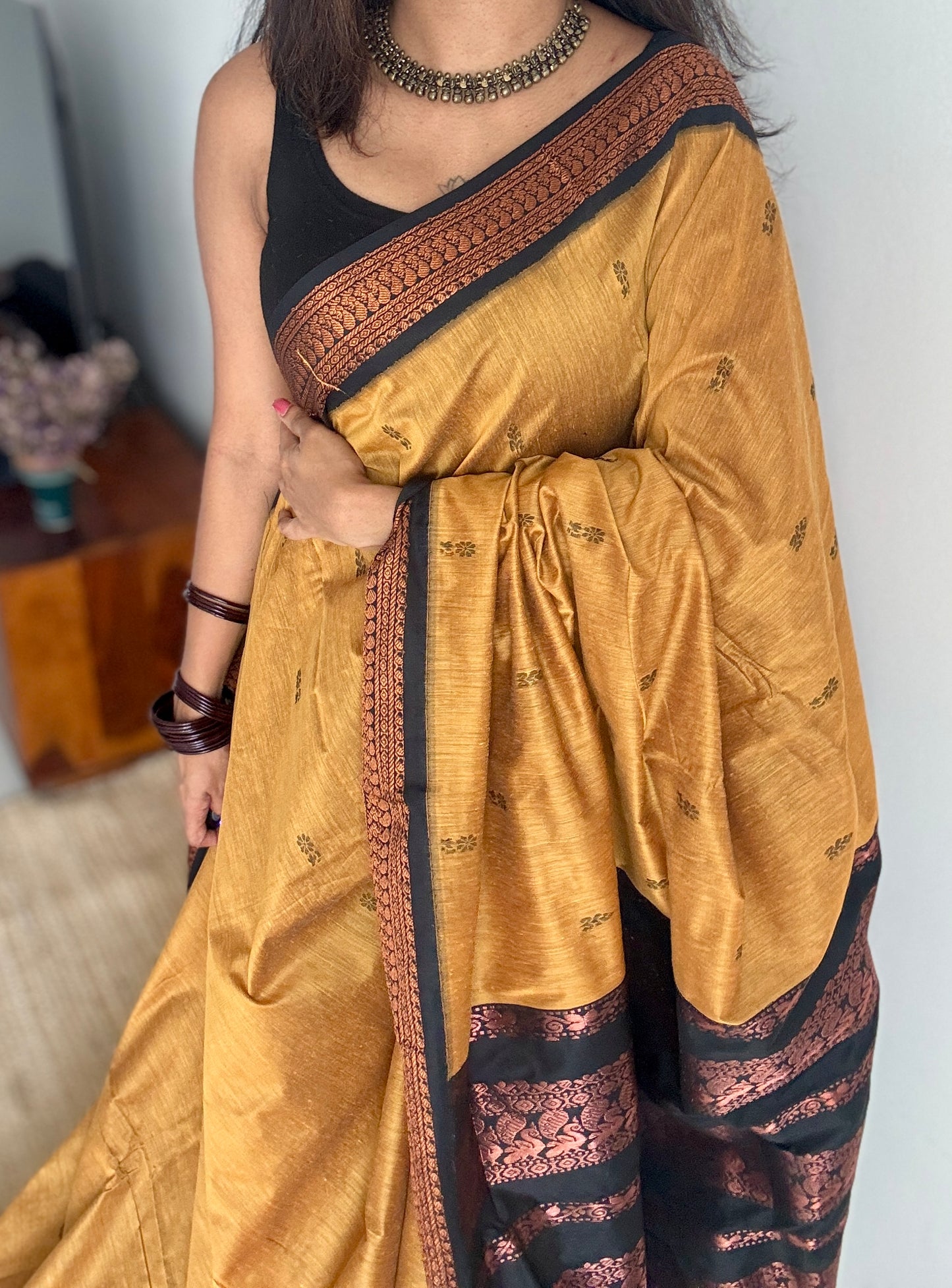 Yellow with black contrast - Kalyani Cotton Silk - YCCOTNKCSB06