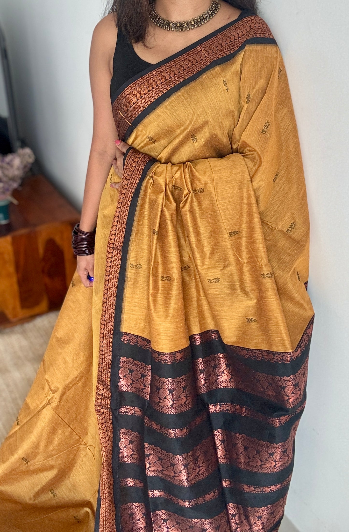Yellow with black contrast - Kalyani Cotton Silk - YCCOTNKCSB06