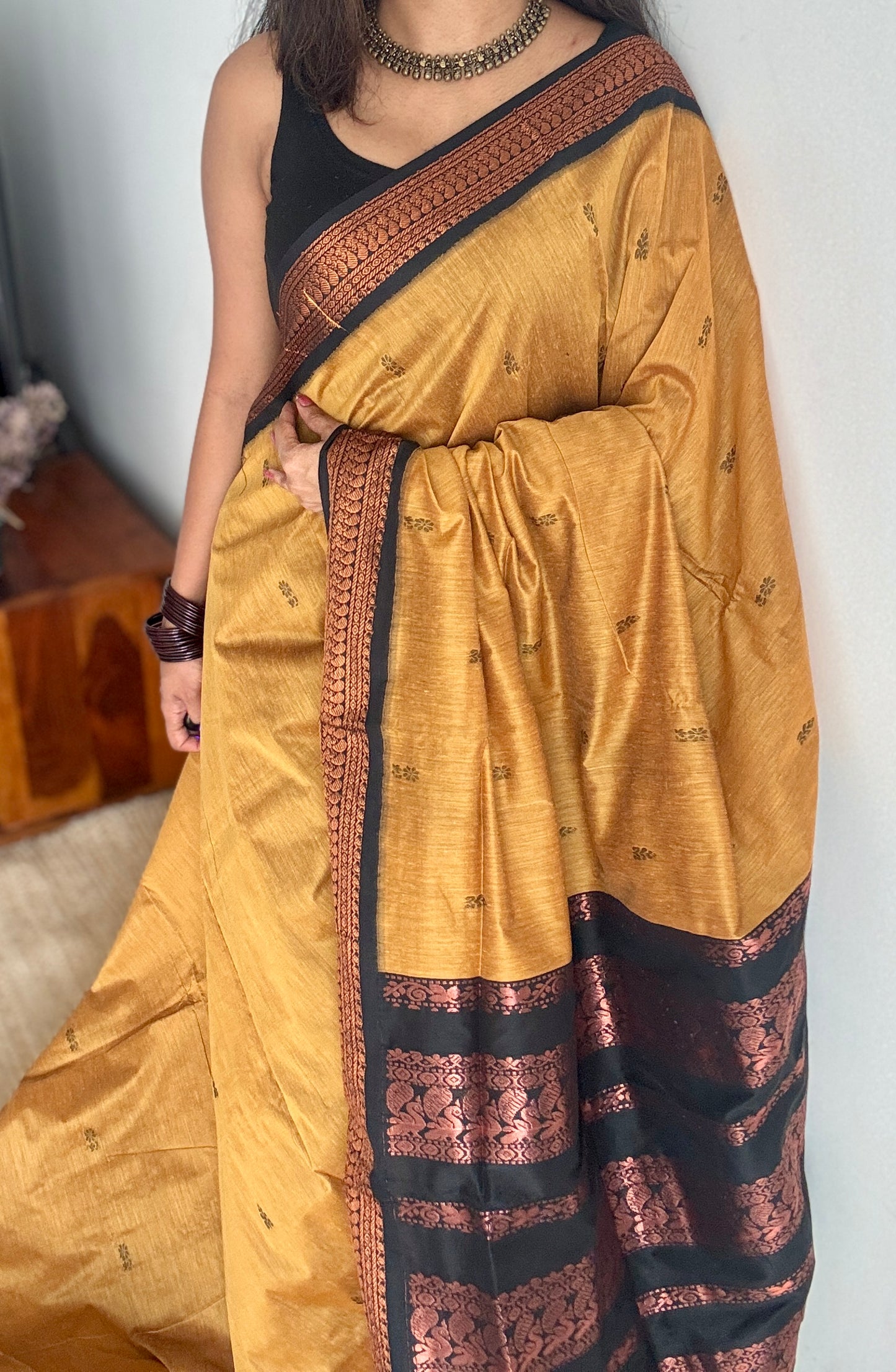 Yellow with black contrast - Kalyani Cotton Silk - YCCOTNKCSB06