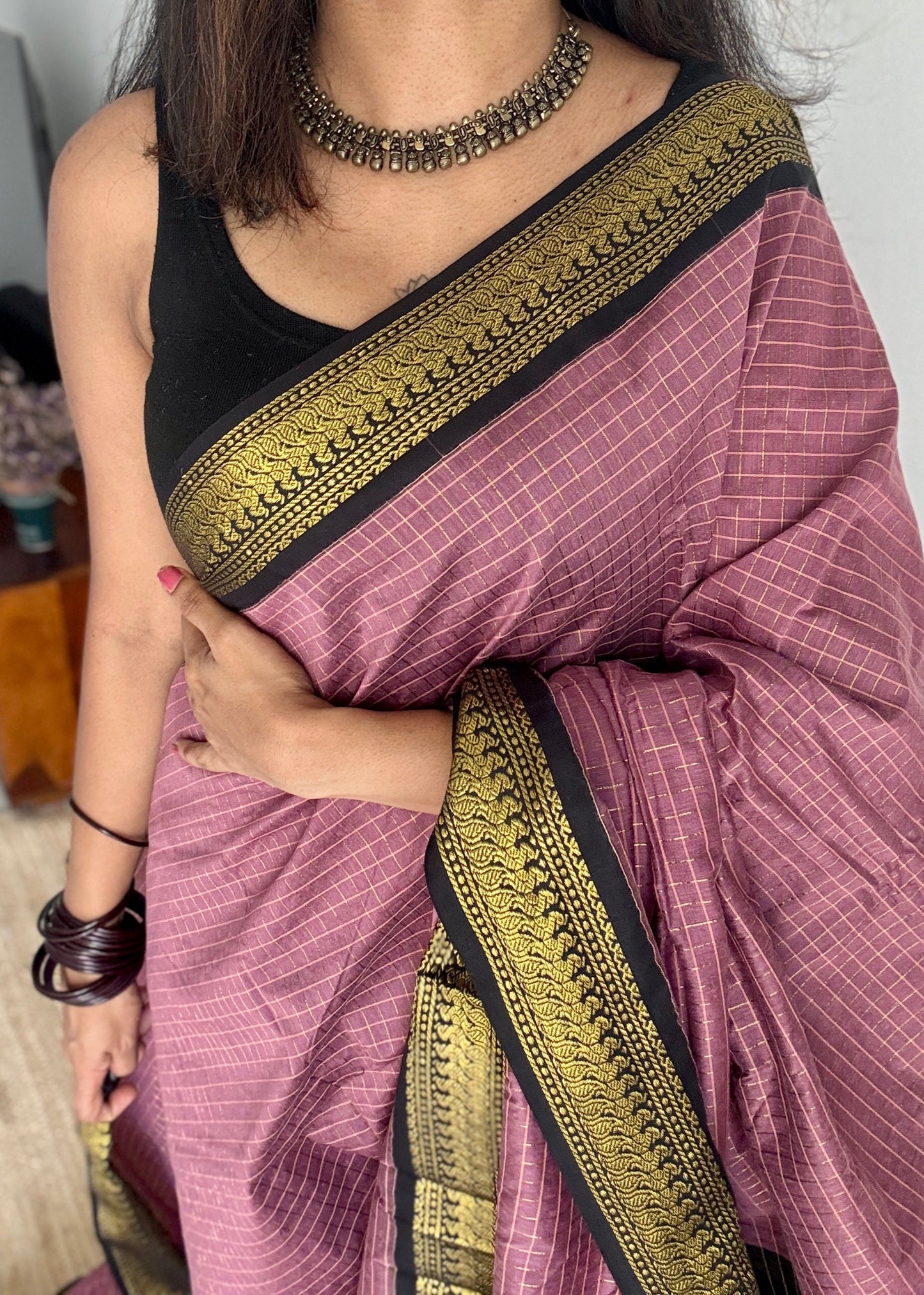 Copper rose with black contrast border, checkered - Kalyani Cotton Silk - YCCOTNKCSC12