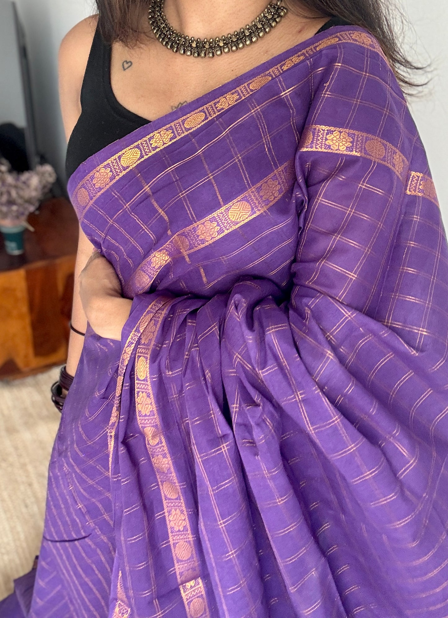 Violet adayar zari kattam, sungudi cotton, with contrast blouse fabric - YCCOTNAZKR05