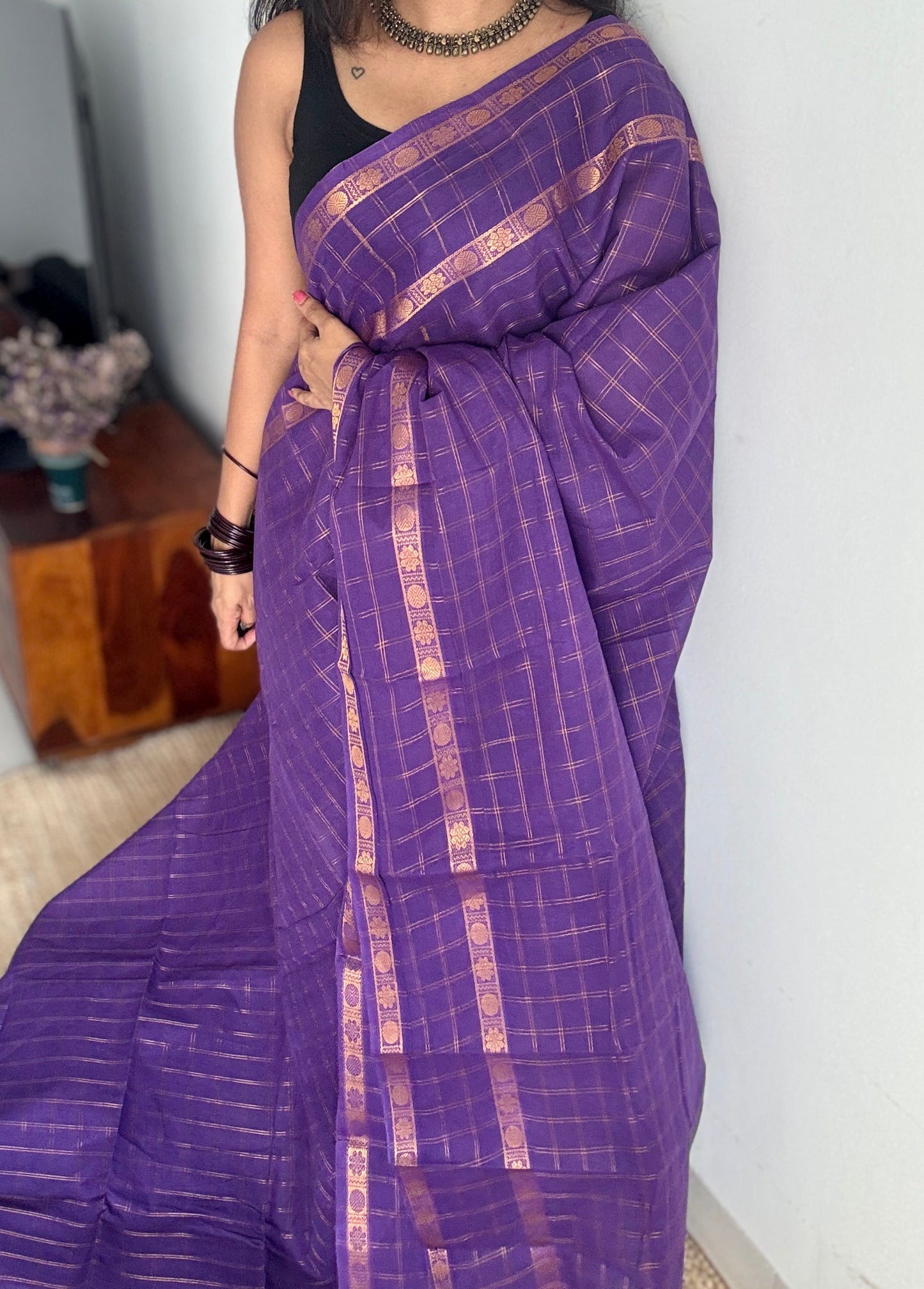 Violet adayar zari kattam, sungudi cotton, with contrast blouse fabric - YCCOTNAZKR05