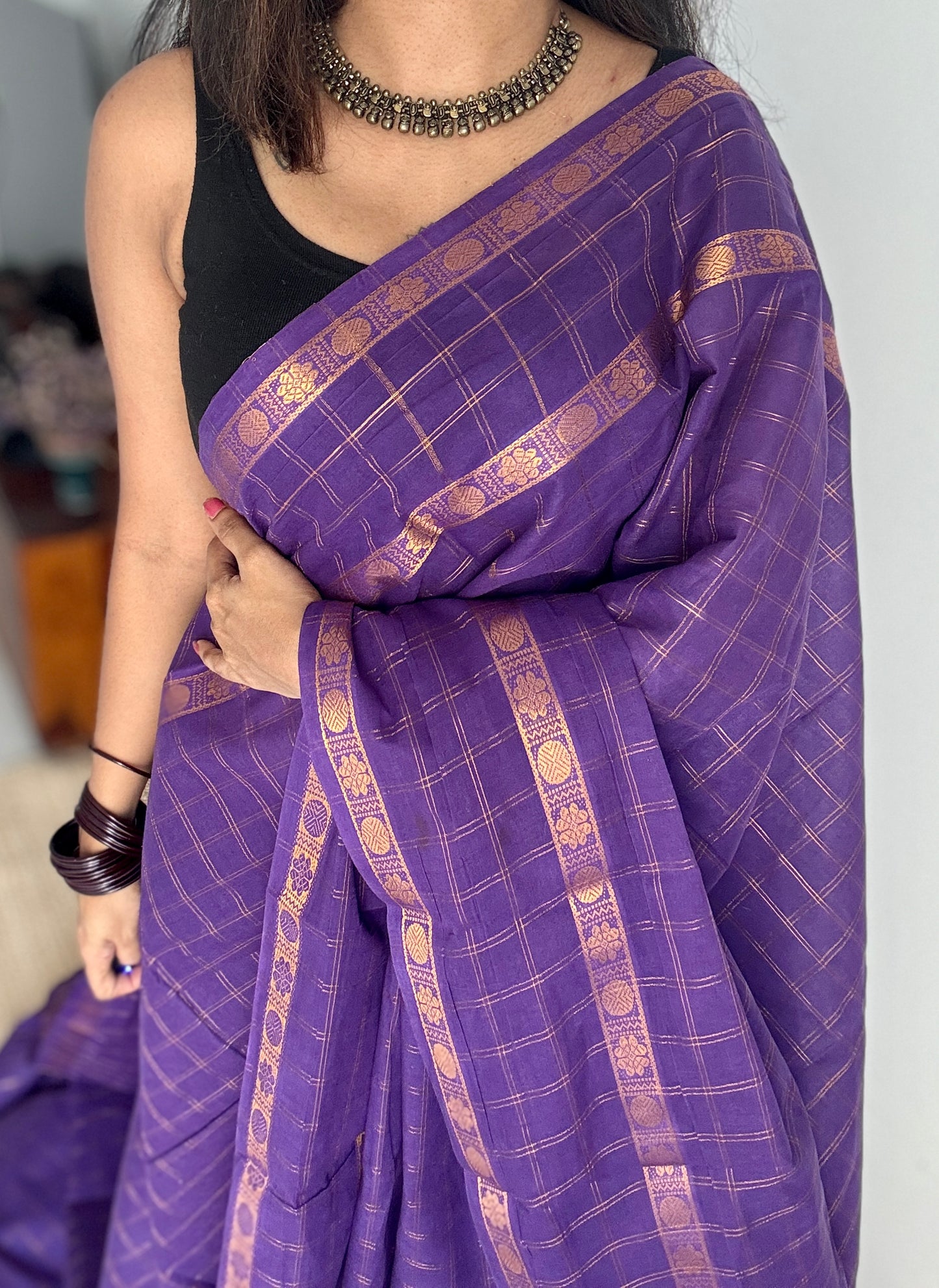 Violet adayar zari kattam, sungudi cotton, with contrast blouse fabric - YCCOTNAZKR05