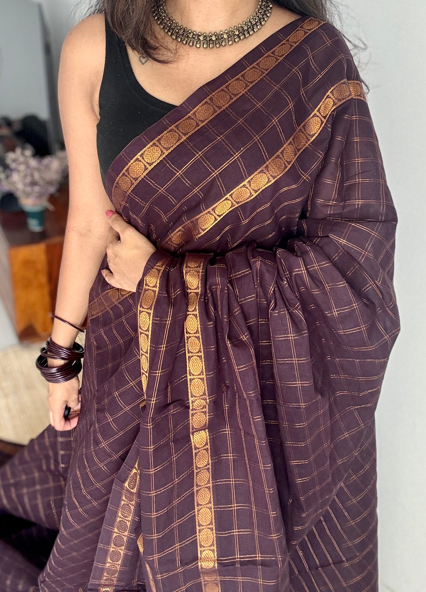 Purple Brown adayar zari kattam, sungudi cotton, with contrast blouse fabric - YCCOTNAZKR02