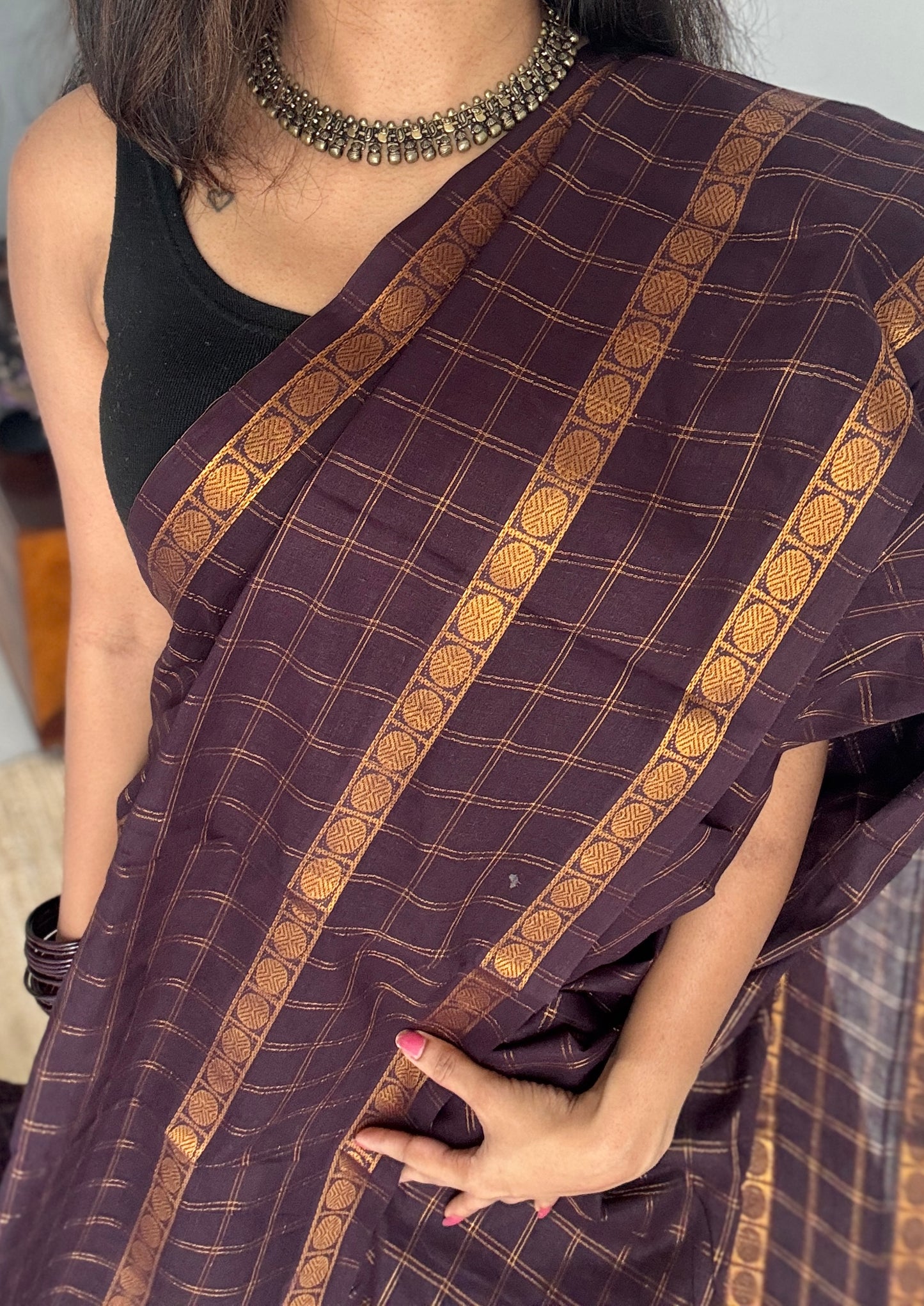 Purple Brown adayar zari kattam, sungudi cotton, with contrast blouse fabric - YCCOTNAZKR02