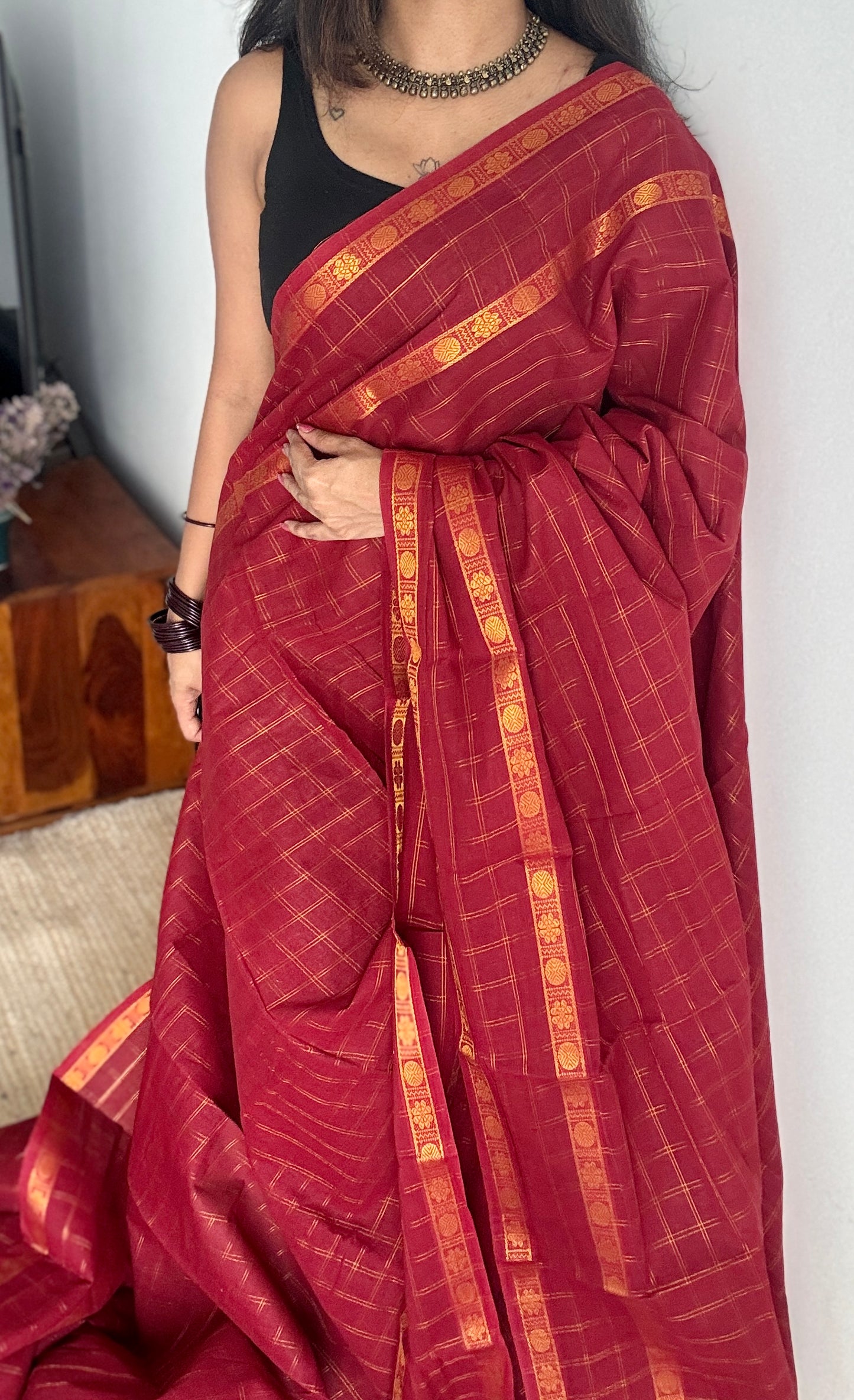 Maroon adayar zari kattam, sungudi cotton, with contrast blouse fabric - YCCOTNAZKR03