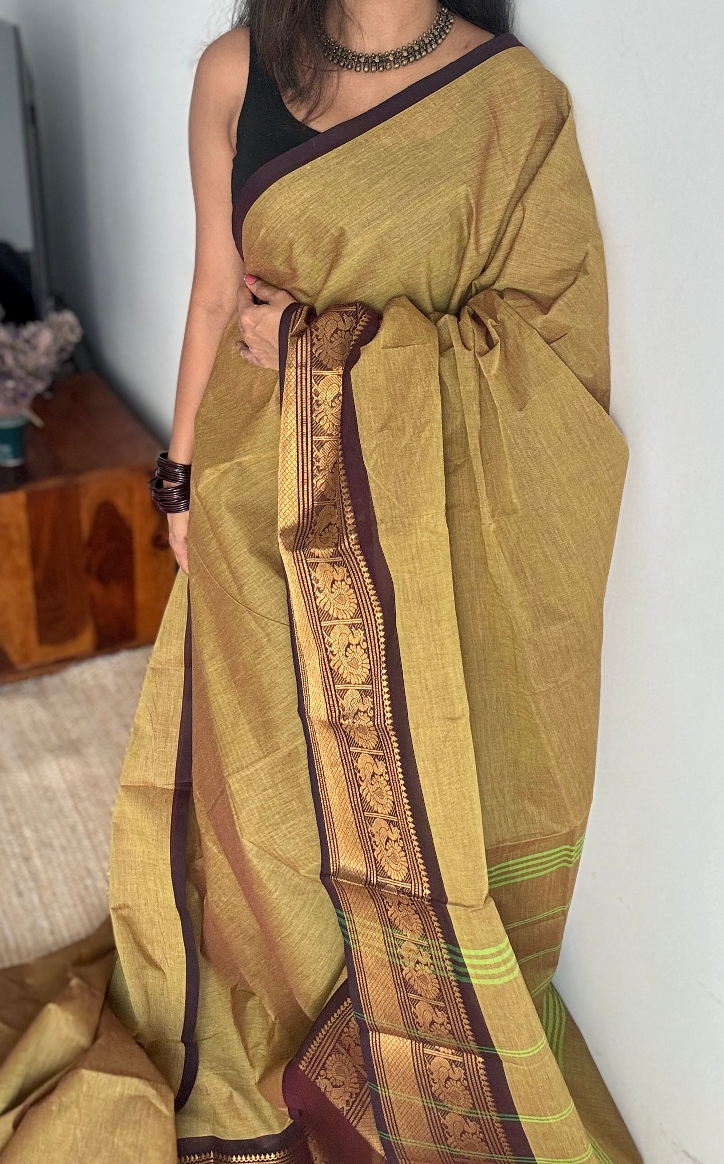 Light Green with Brown Contrast Peacock Motif Border (single side) - Chettinad Cotton - YCCOTNCLWB07