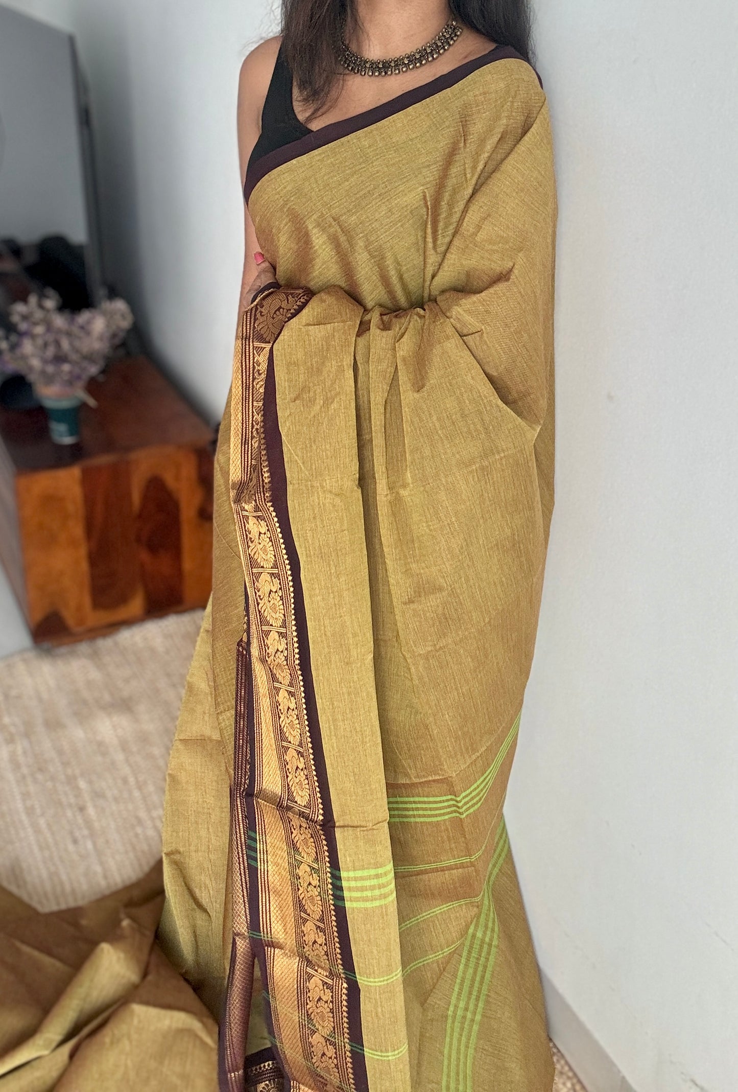 Light Green with Brown Contrast Peacock Motif Border (single side) - Chettinad Cotton - YCCOTNCLWB07