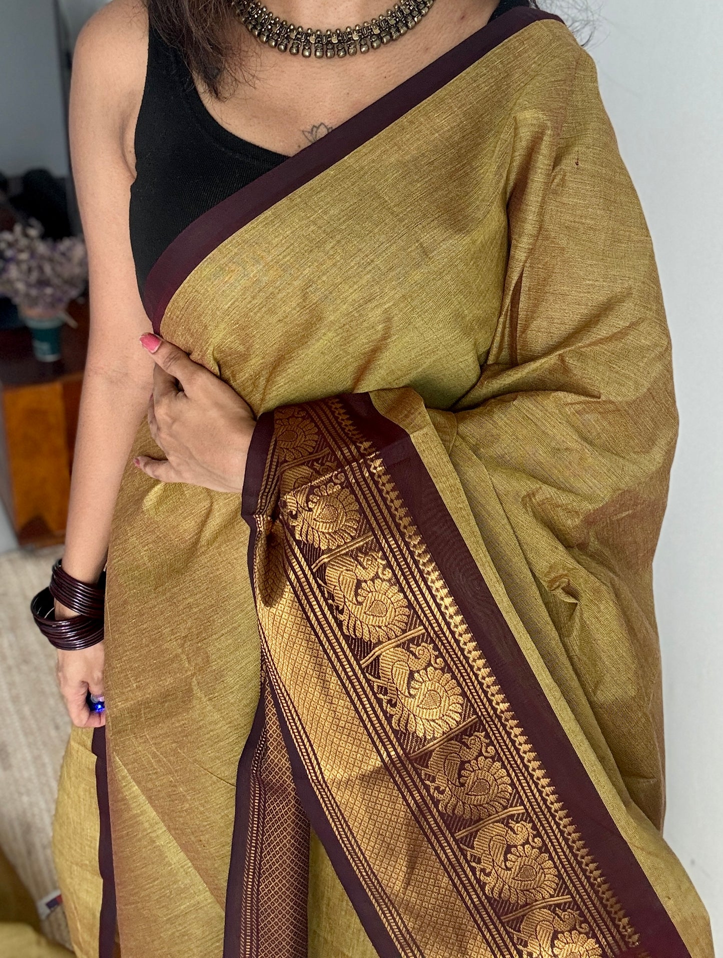 Light Green with Brown Contrast Peacock Motif Border (single side) - Chettinad Cotton - YCCOTNCLWB07
