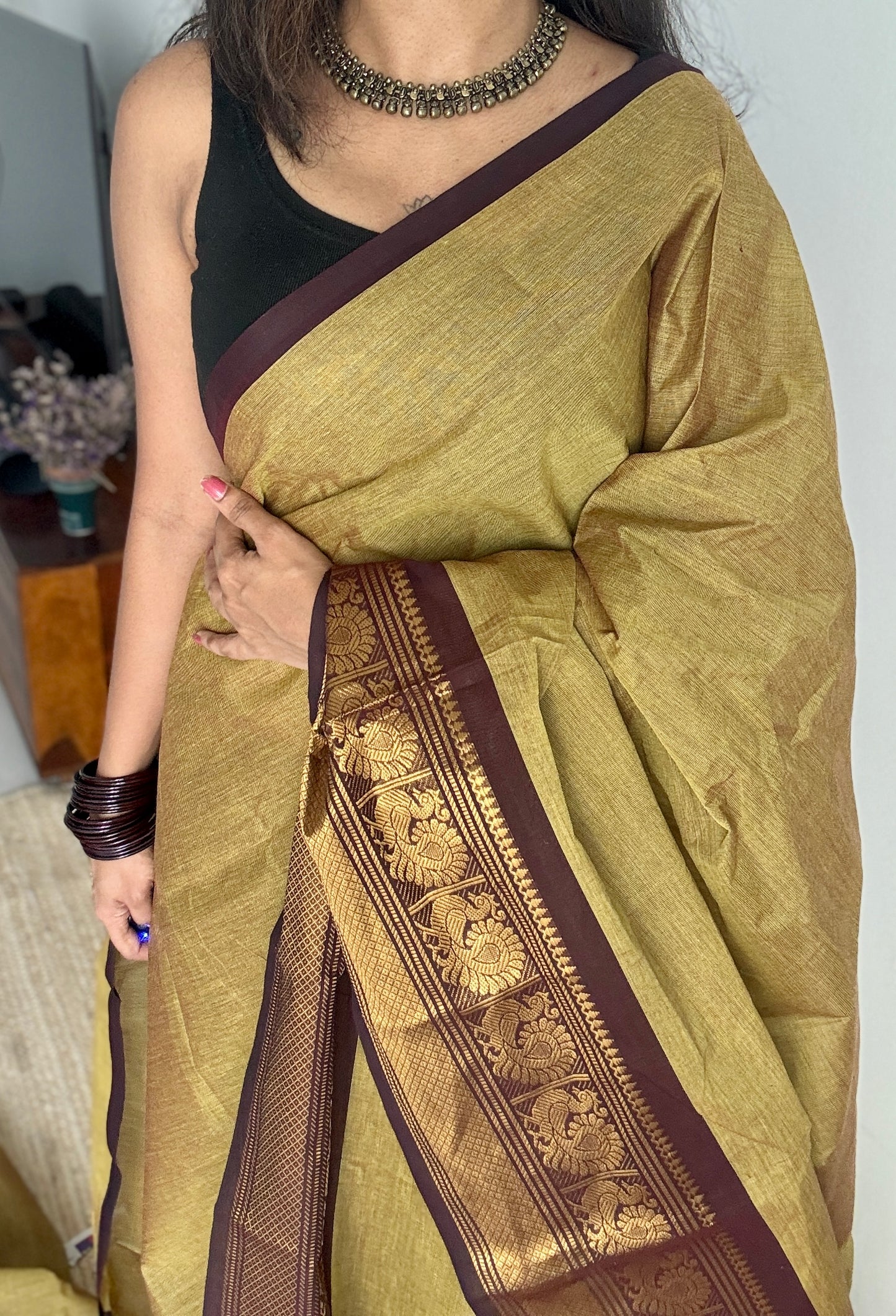 Light Green with Brown Contrast Peacock Motif Border (single side) - Chettinad Cotton - YCCOTNCLWB07