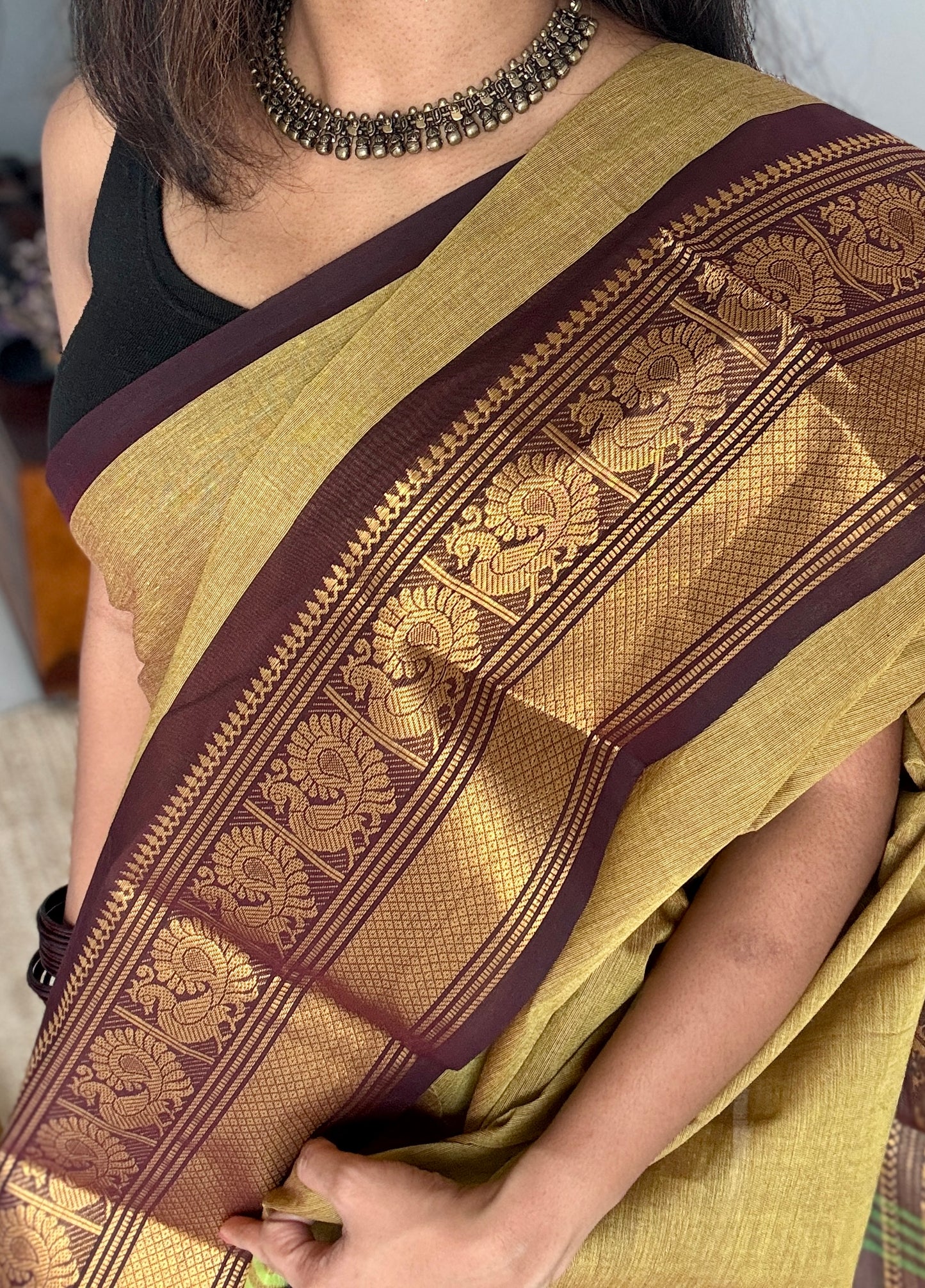 Light Green with Brown Contrast Peacock Motif Border (single side) - Chettinad Cotton - YCCOTNCLWB07