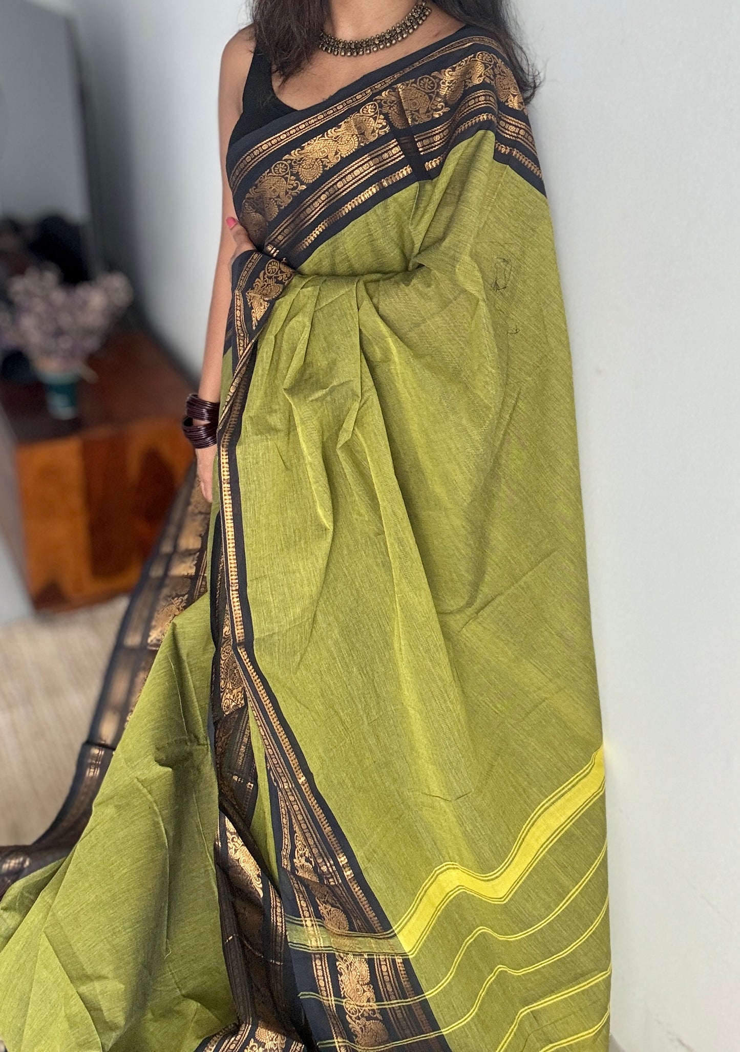 Green with Black Contrast Peacock Motif Border - Chettinad Cotton - YCCOTNCLWB09