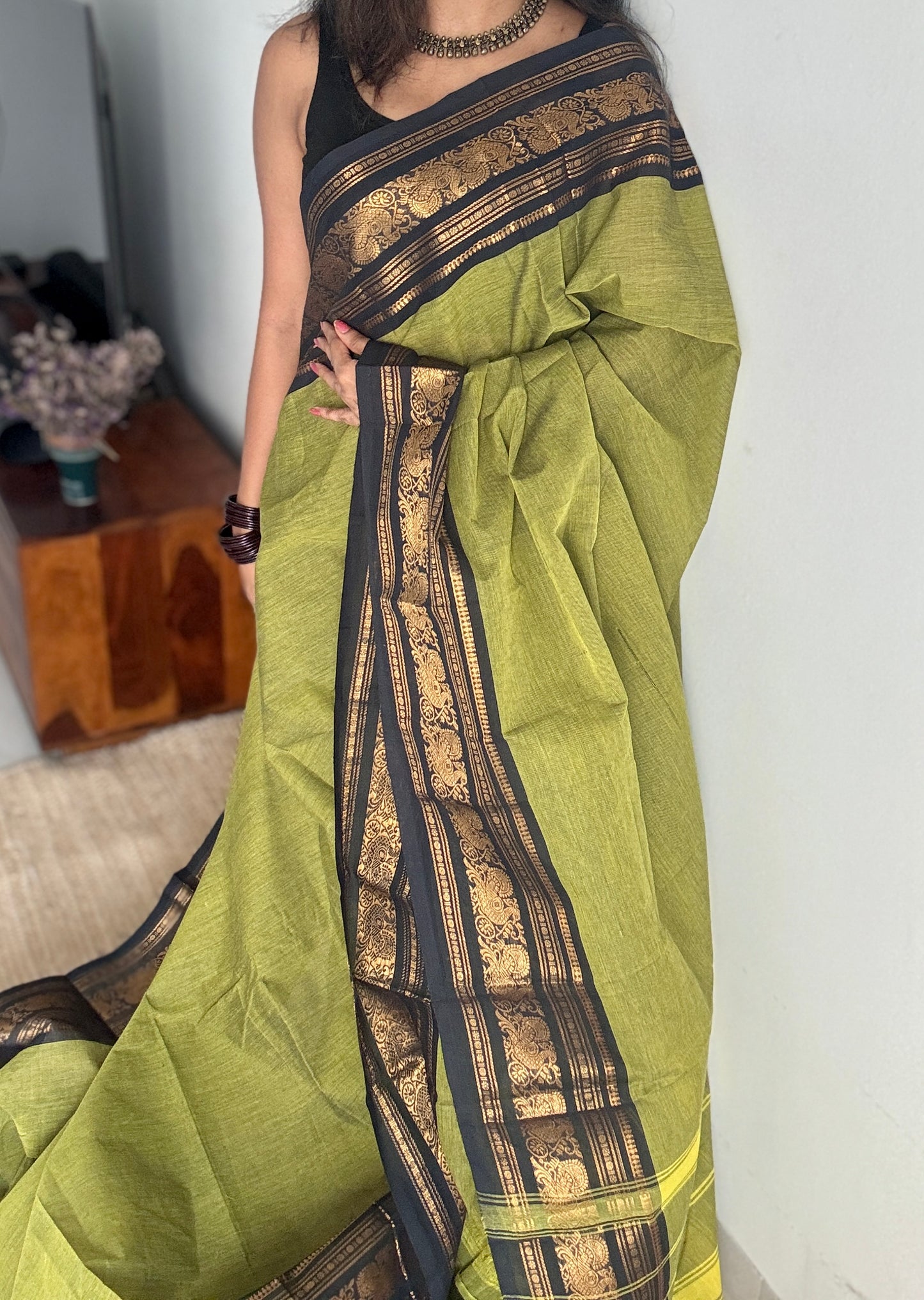 Green with Black Contrast Peacock Motif Border - Chettinad Cotton - YCCOTNCLWB09