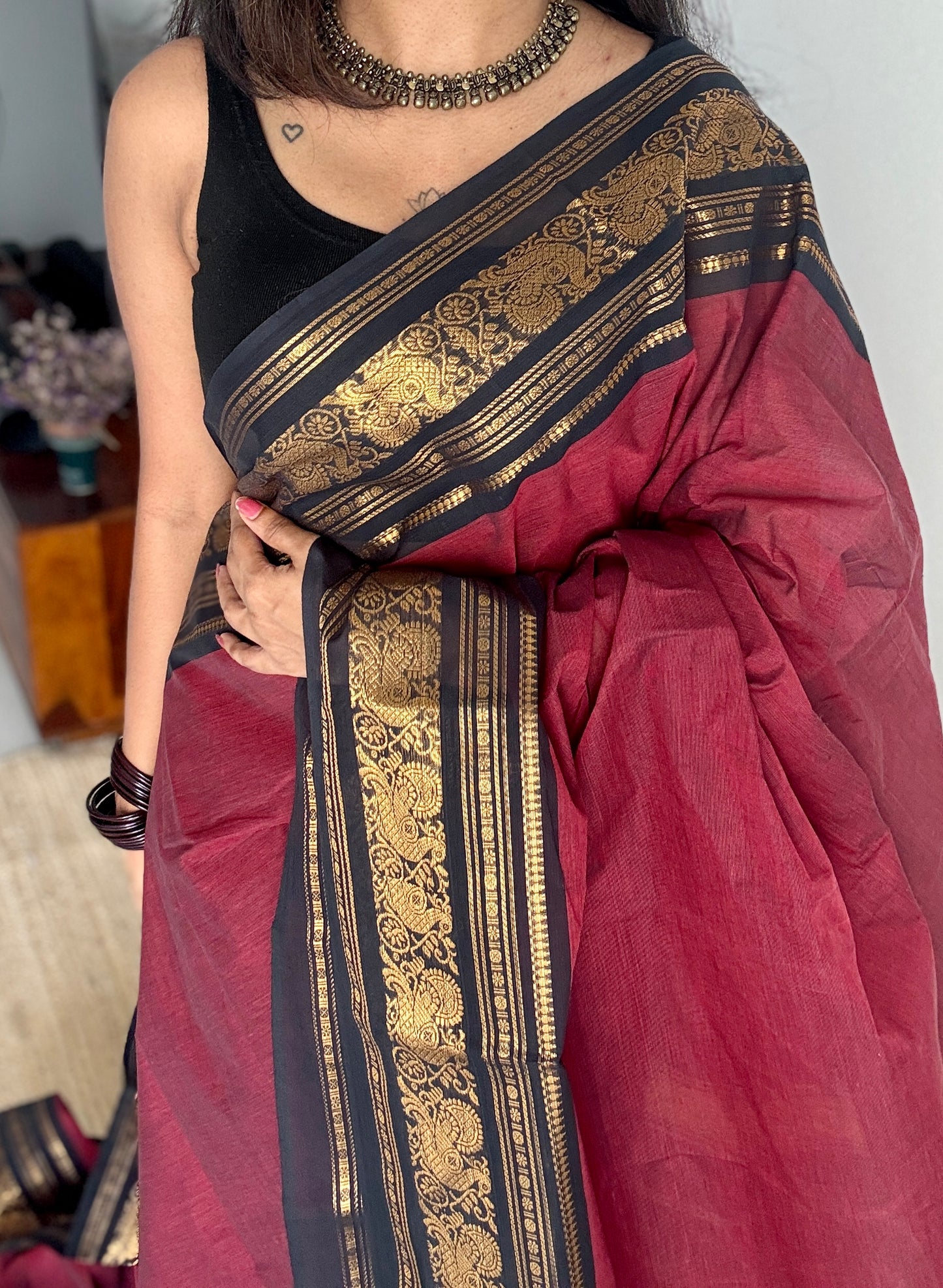 Maroon with Black Contrast Peacock Motif Border - Chettinad Cotton - YCCOTNCLWB08