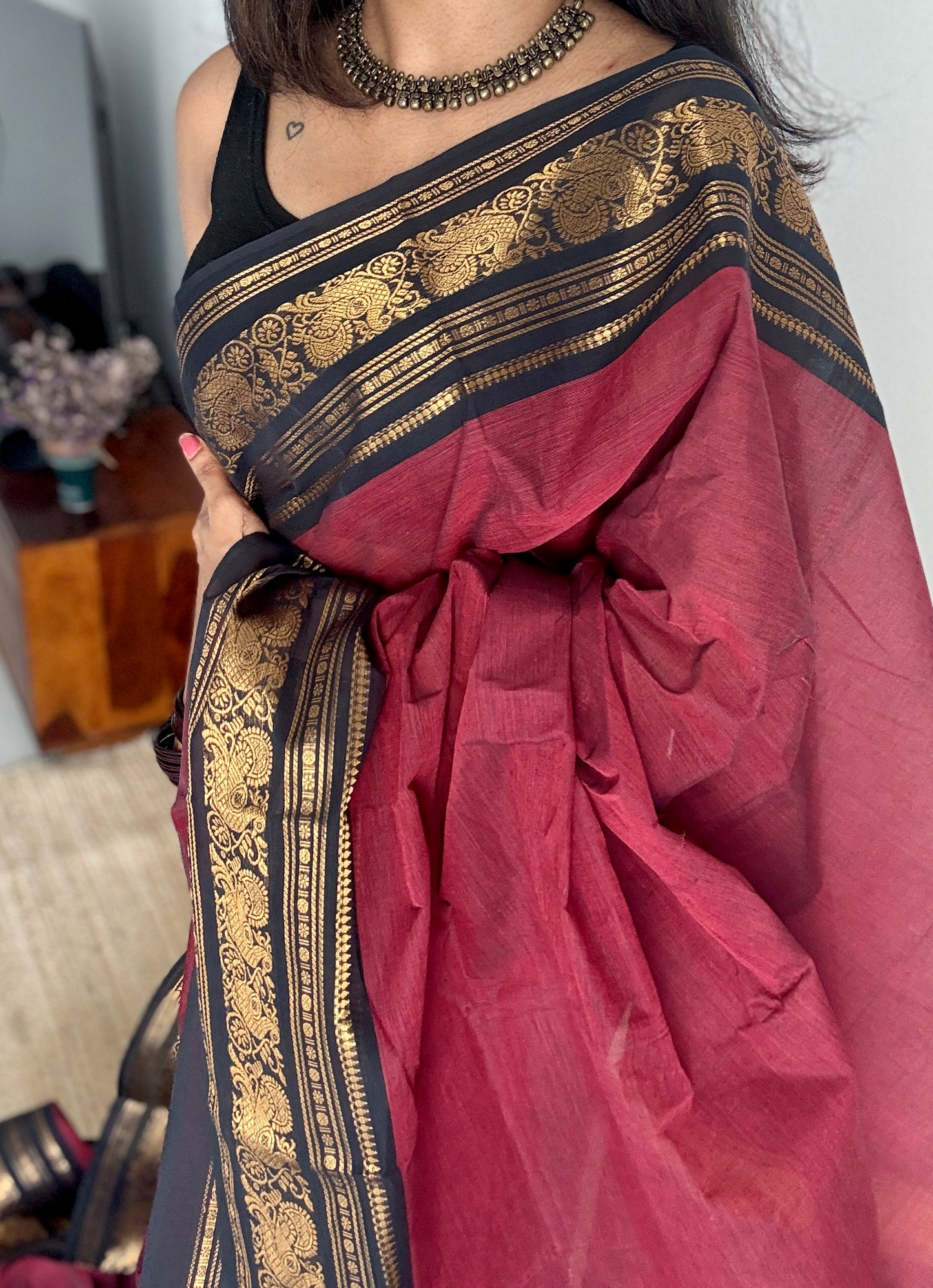 Maroon with Black Contrast Peacock Motif Border - Chettinad Cotton - YCCOTNCLWB08