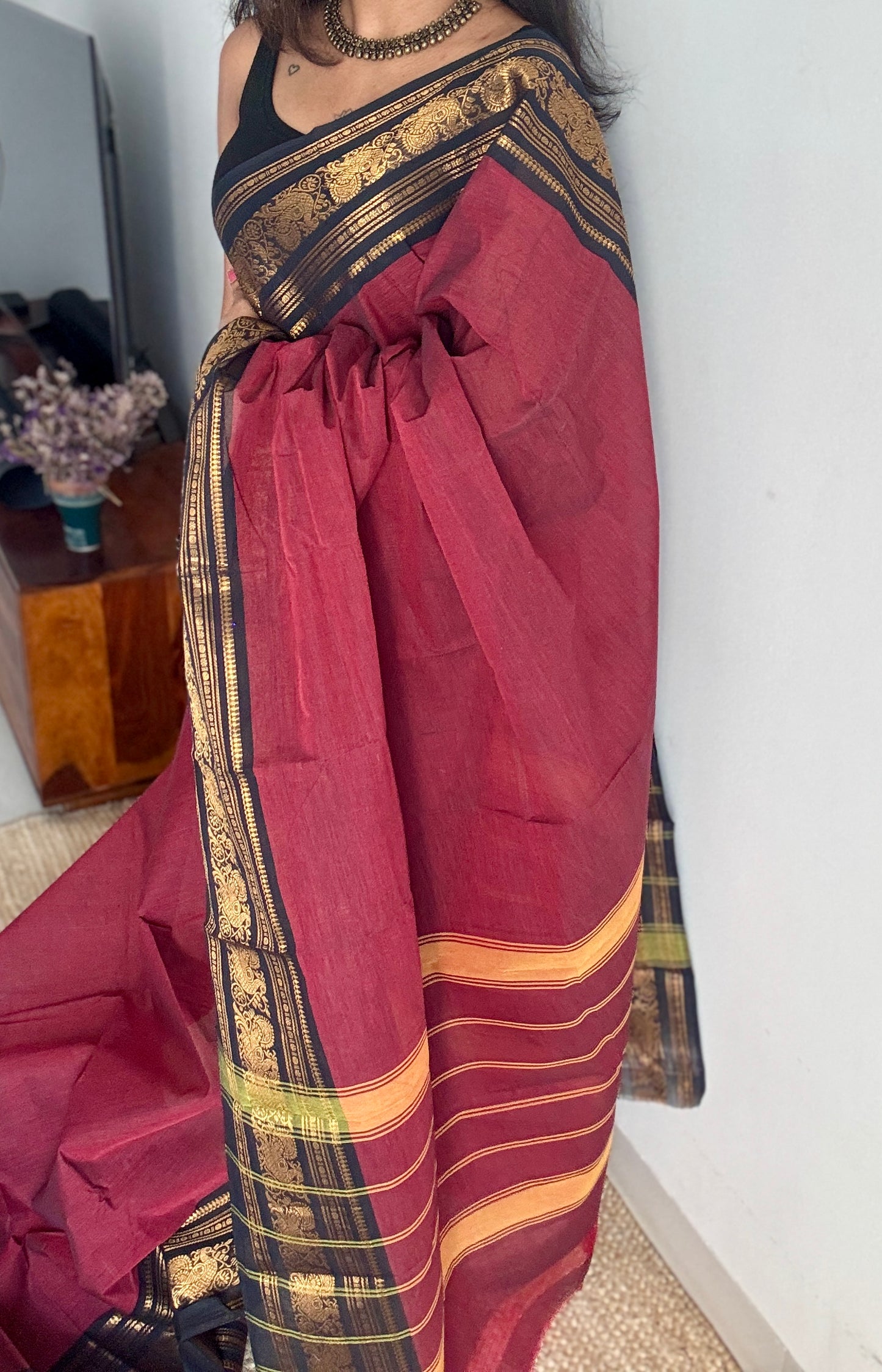 Maroon with Black Contrast Peacock Motif Border - Chettinad Cotton - YCCOTNCLWB08