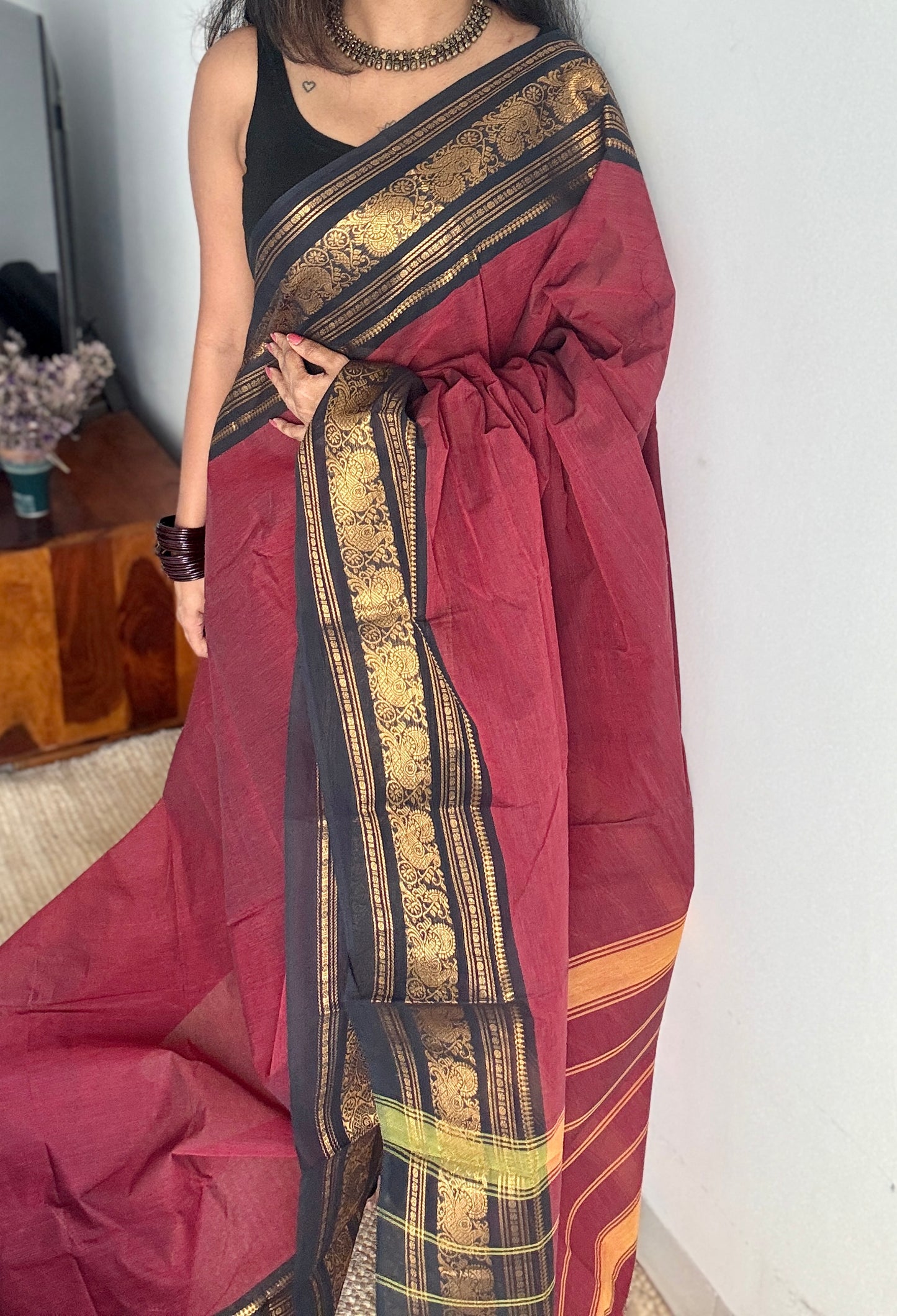 Maroon with Black Contrast Peacock Motif Border - Chettinad Cotton - YCCOTNCLWB08