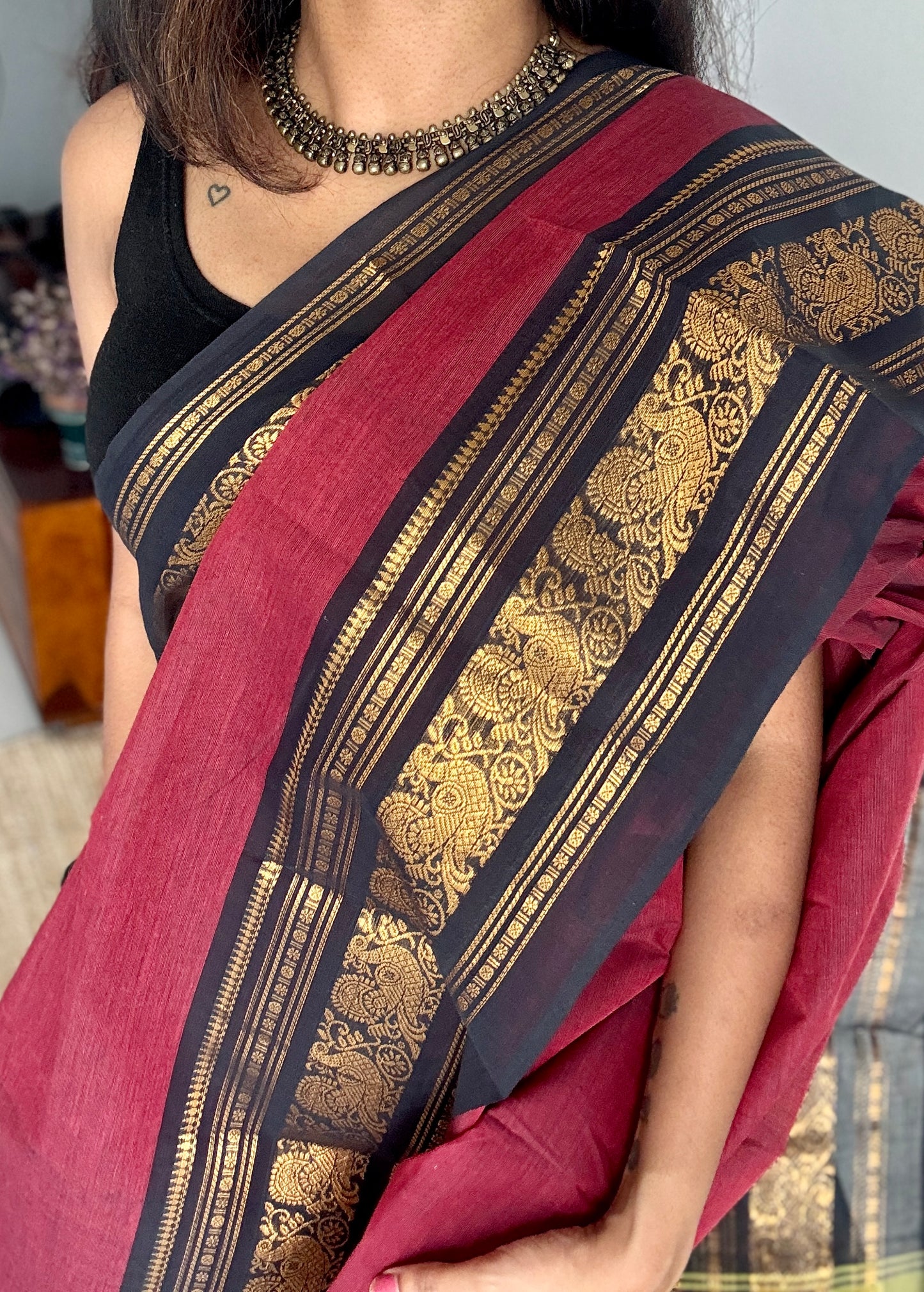 Maroon with Black Contrast Peacock Motif Border - Chettinad Cotton - YCCOTNCLWB08
