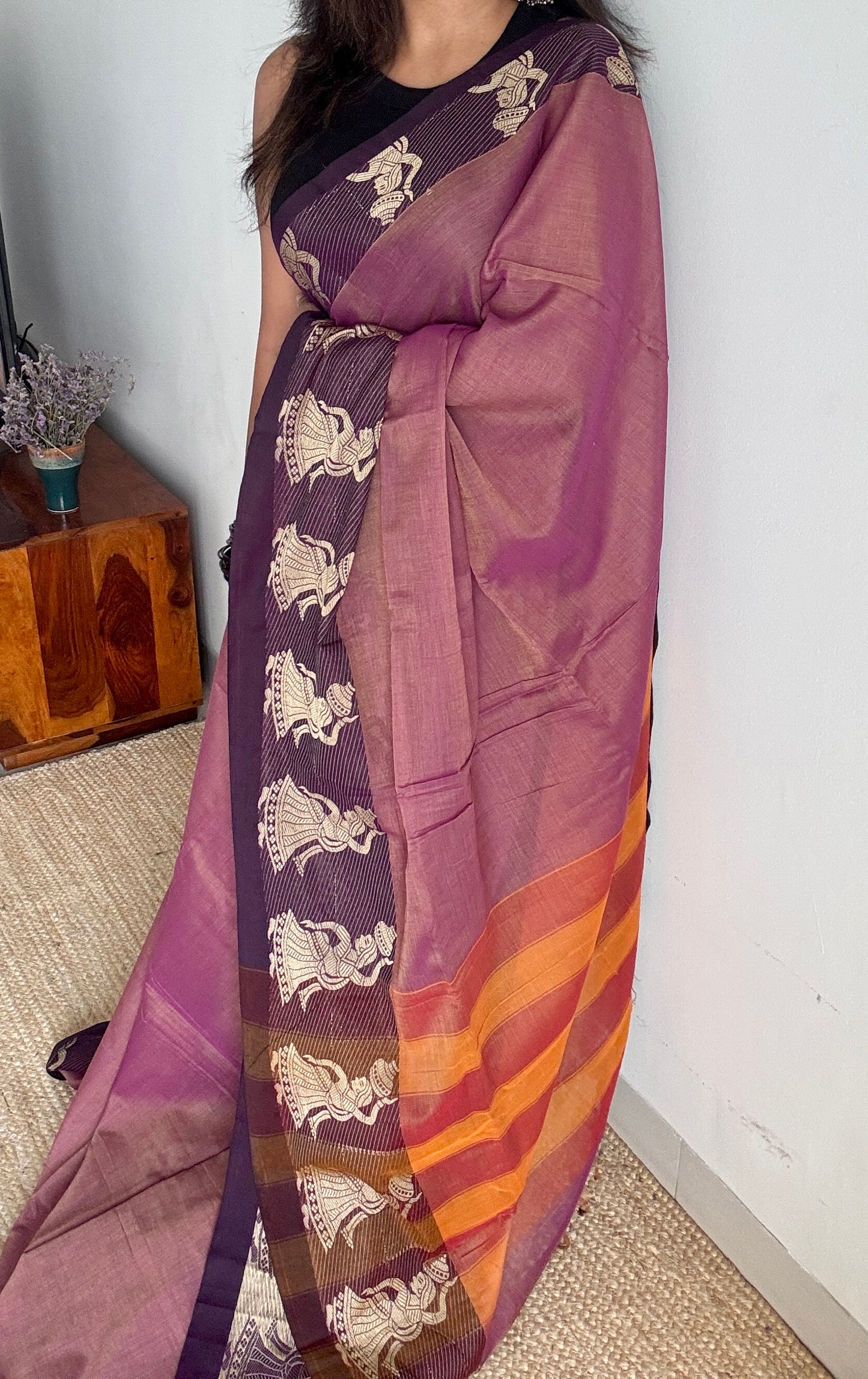 Dual Tone Lavender Pink with motif border - Narayanpet Soft Cotton YCWOTDNP01