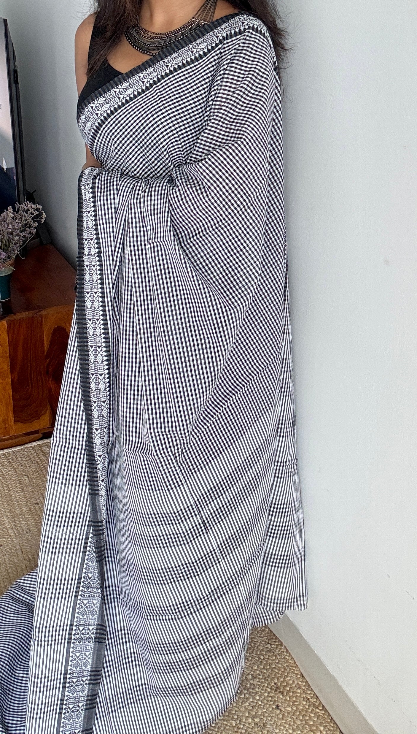 Maacher Golpo (The Fish Tale) - Black White Checkered Dhaniakhali Soft Cotton YCBCDK02