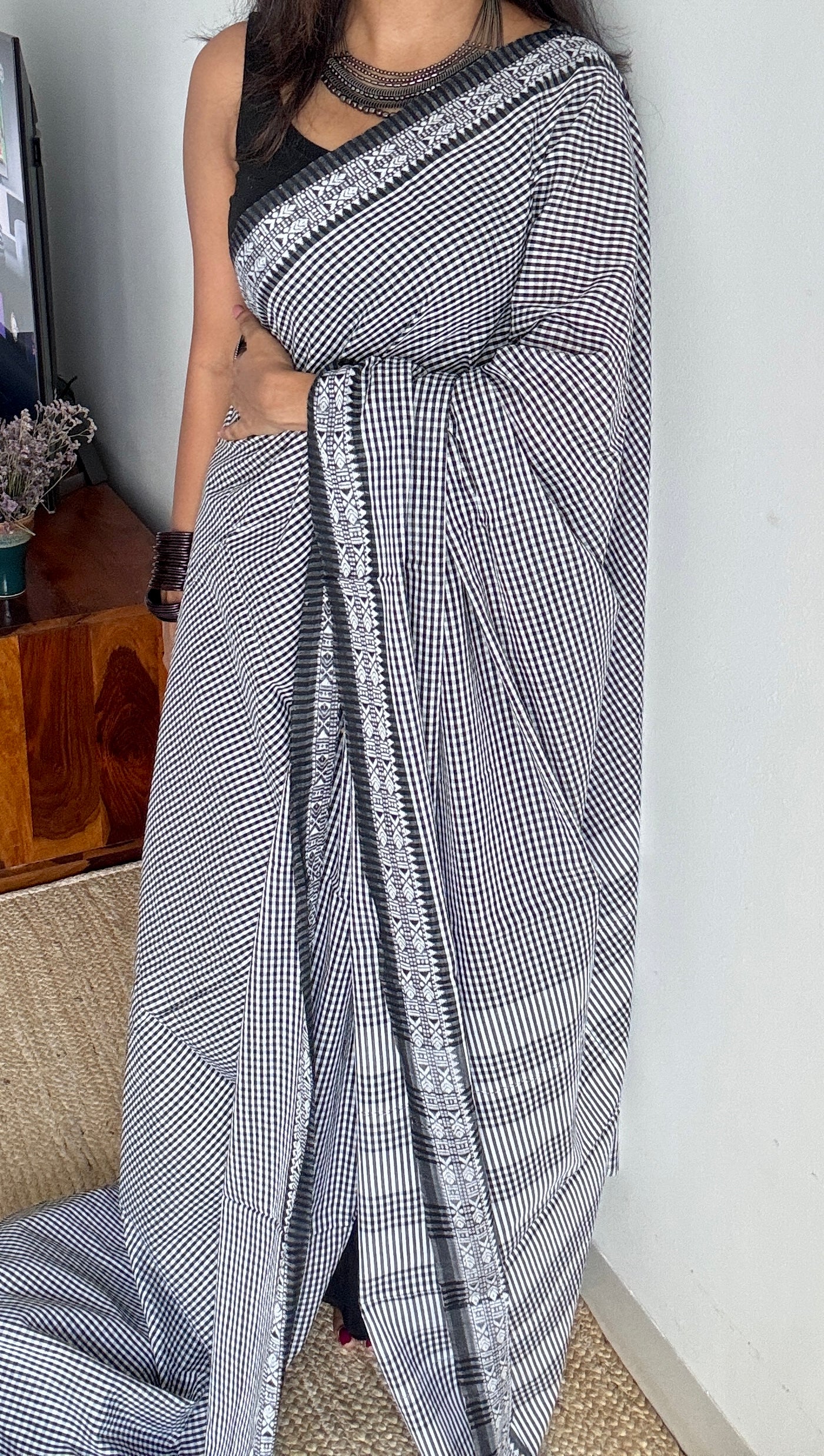 Maacher Golpo (The Fish Tale) - Black White Checkered Dhaniakhali Soft Cotton YCBCDK02