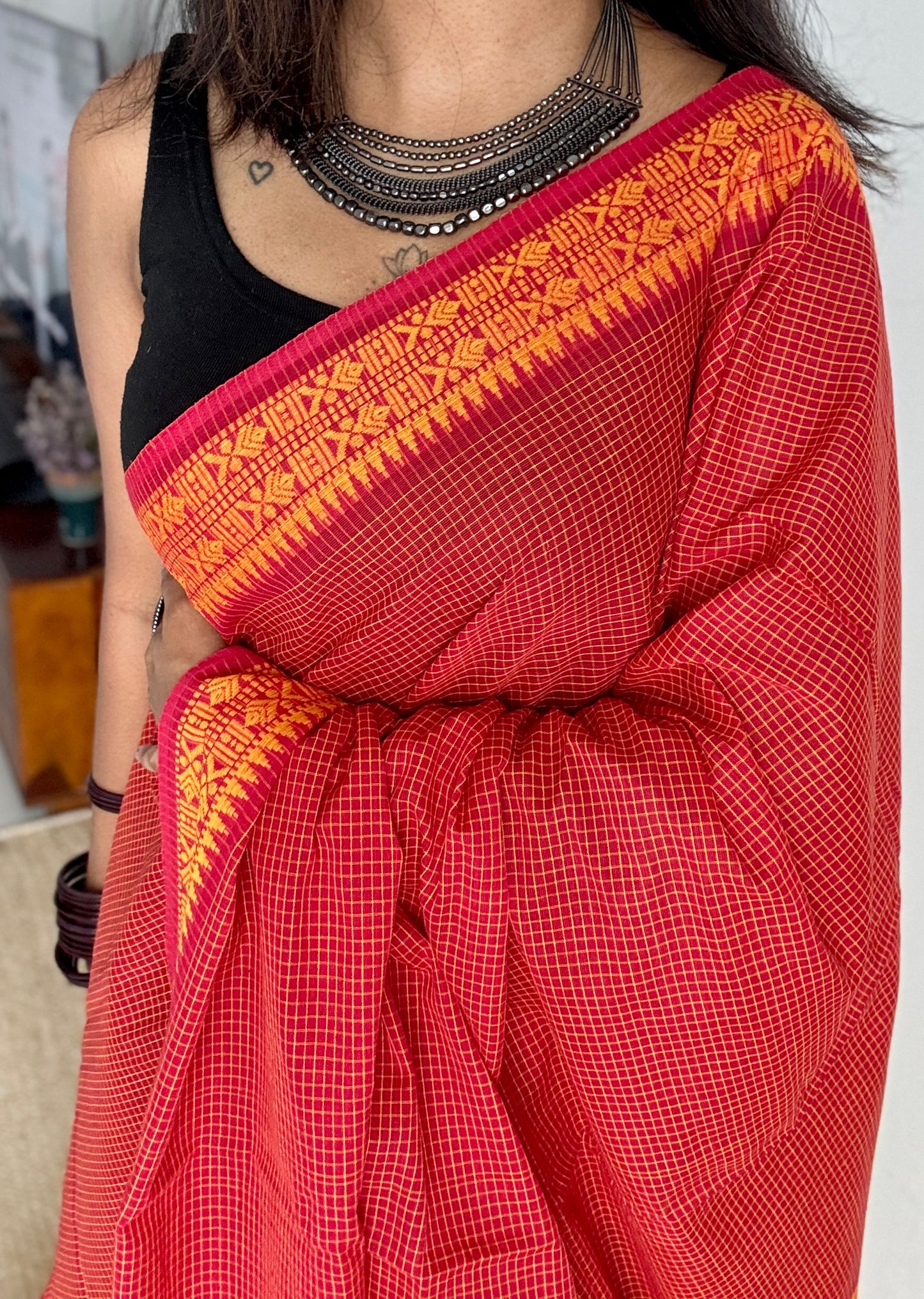 Laal Shaada Golpo (A Red-Yellow Story) - Red Yellow Checkered Dhaniakhali Soft Cotton