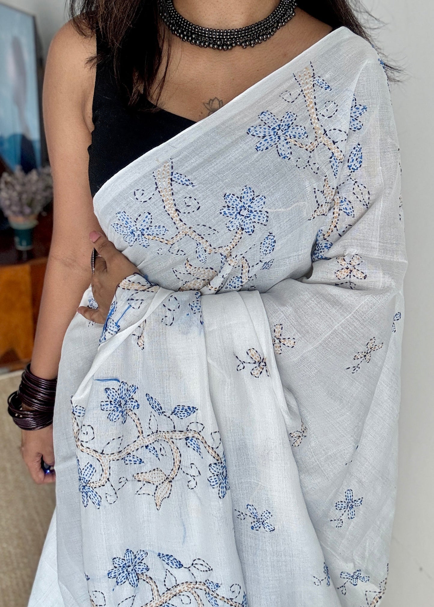 Shada Shobdo - White Whisper, kantha weave in soft khadi cotton
