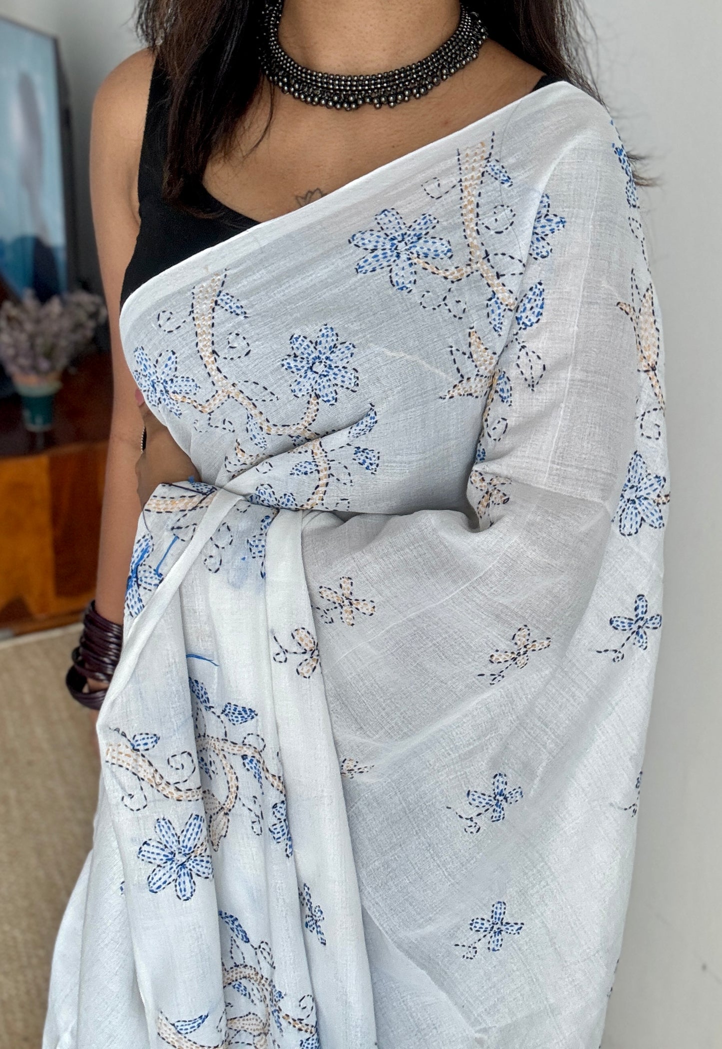 Shada Shobdo - White Whisper, kantha weave in soft khadi cotton
