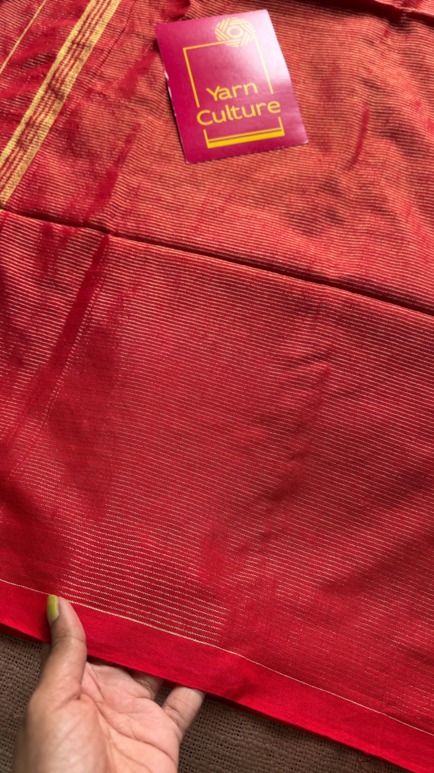 Chilli red, gold zari stripes - Soft Khadi Cotton, YCBCSKZS06