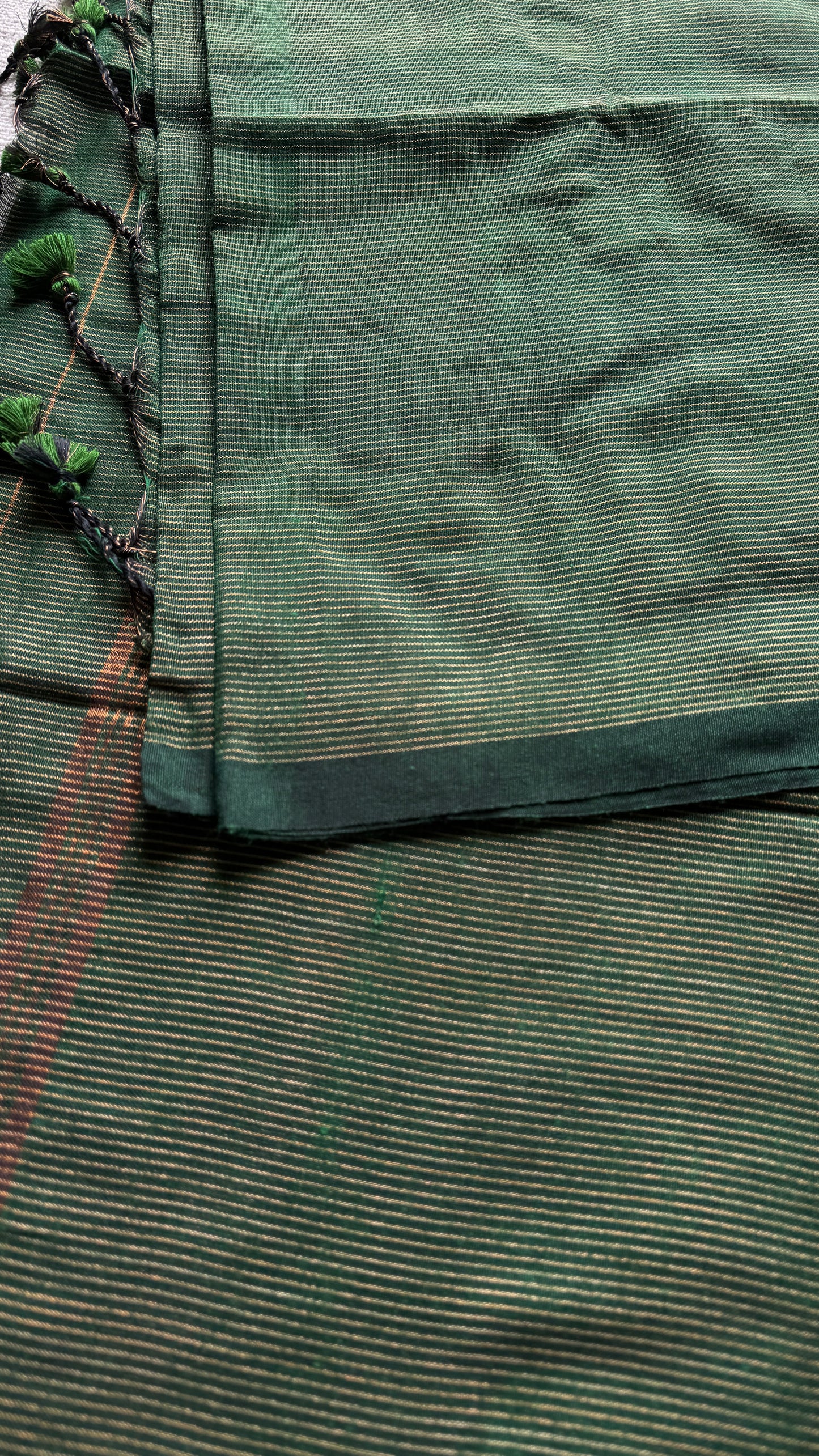 Dark green, gold zari stripes - Soft Khadi Cotton, YCBCSKZS03