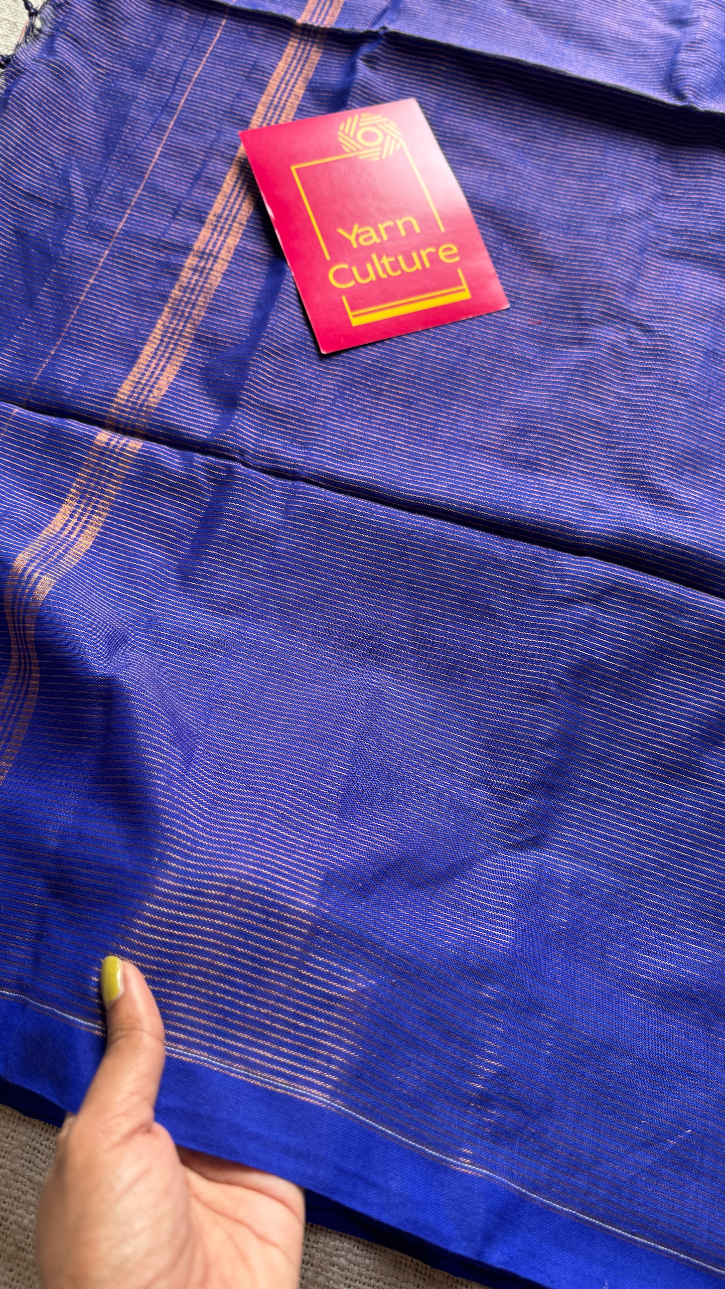 Royal blue, gold zari stripes - Soft Khadi Cotton, YCBCSKZS07