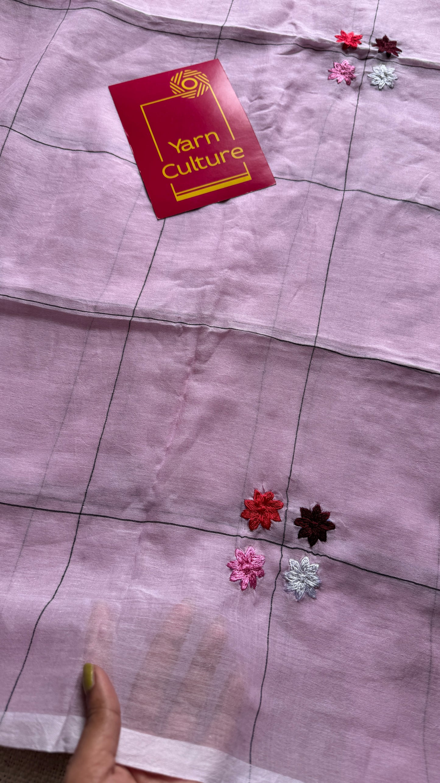 Checkered pink, flower embroidery, mul cotton YCBCMCM23