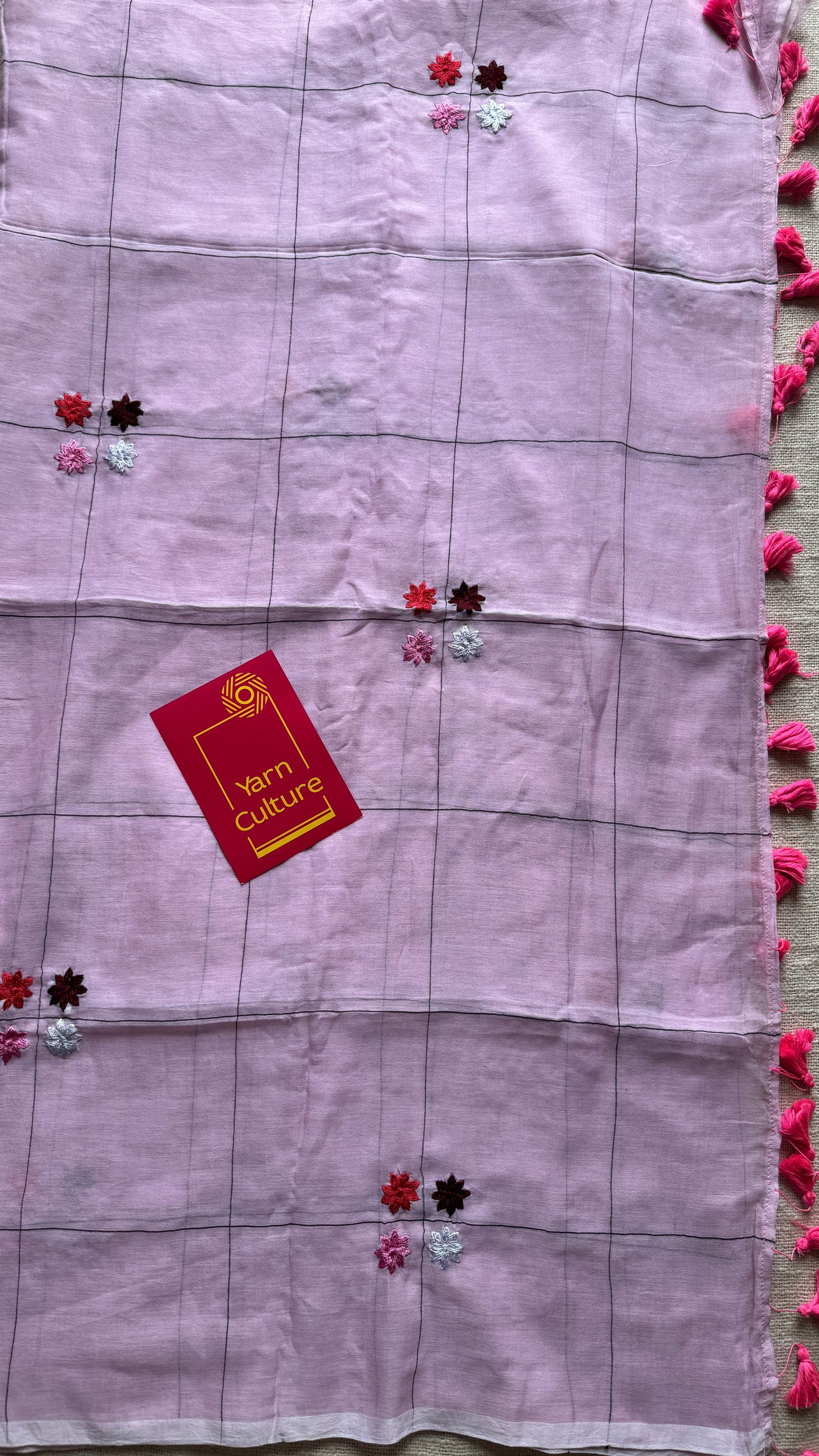 Checkered pink, flower embroidery, mul cotton YCBCMCM23