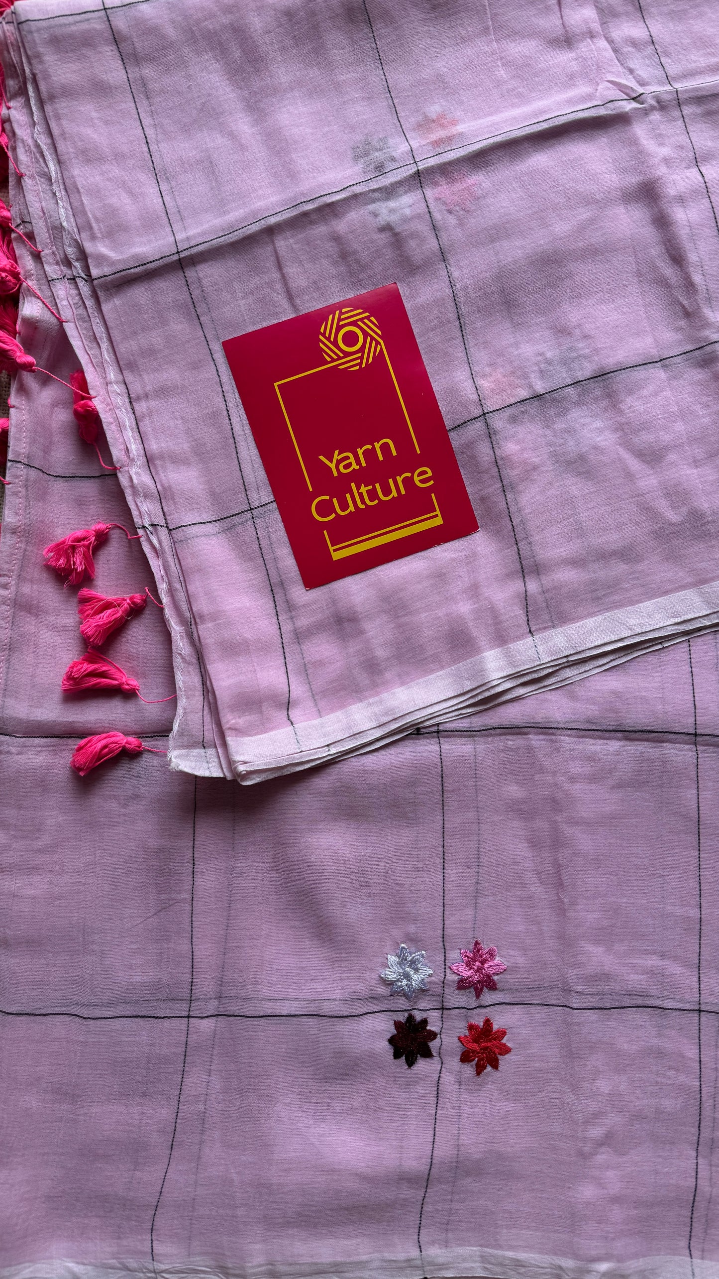 Checkered pink, flower embroidery, mul cotton YCBCMCM23