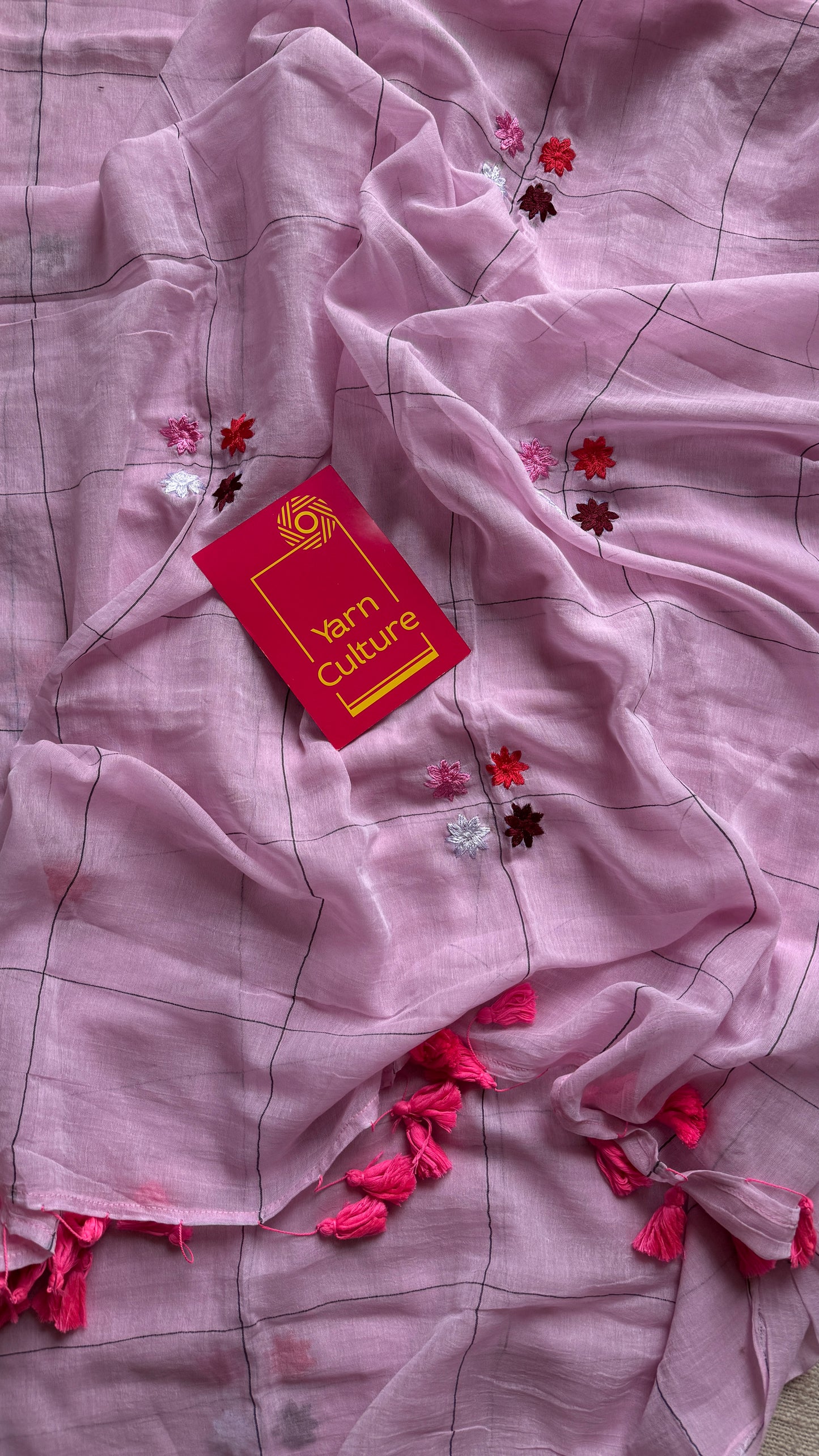 Checkered pink, flower embroidery, mul cotton YCBCMCM23