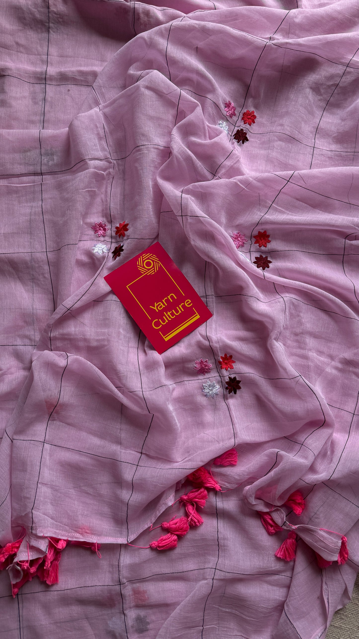 Checkered pink, flower embroidery, mul cotton YCBCMCM23