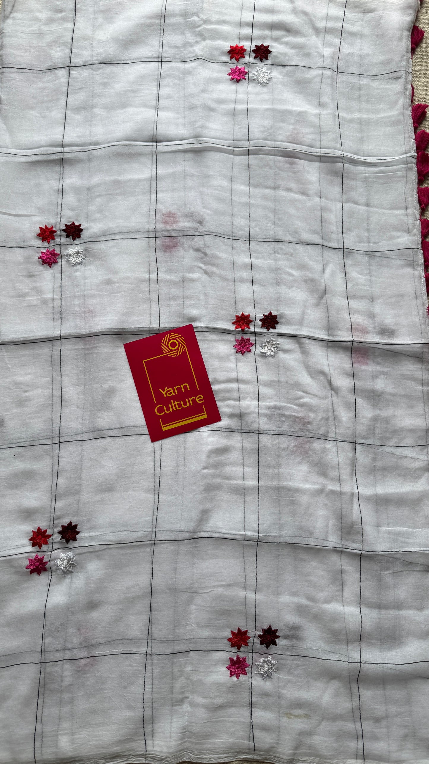 Checkered white, flower embroidery, mul cotton YCBCMCM20