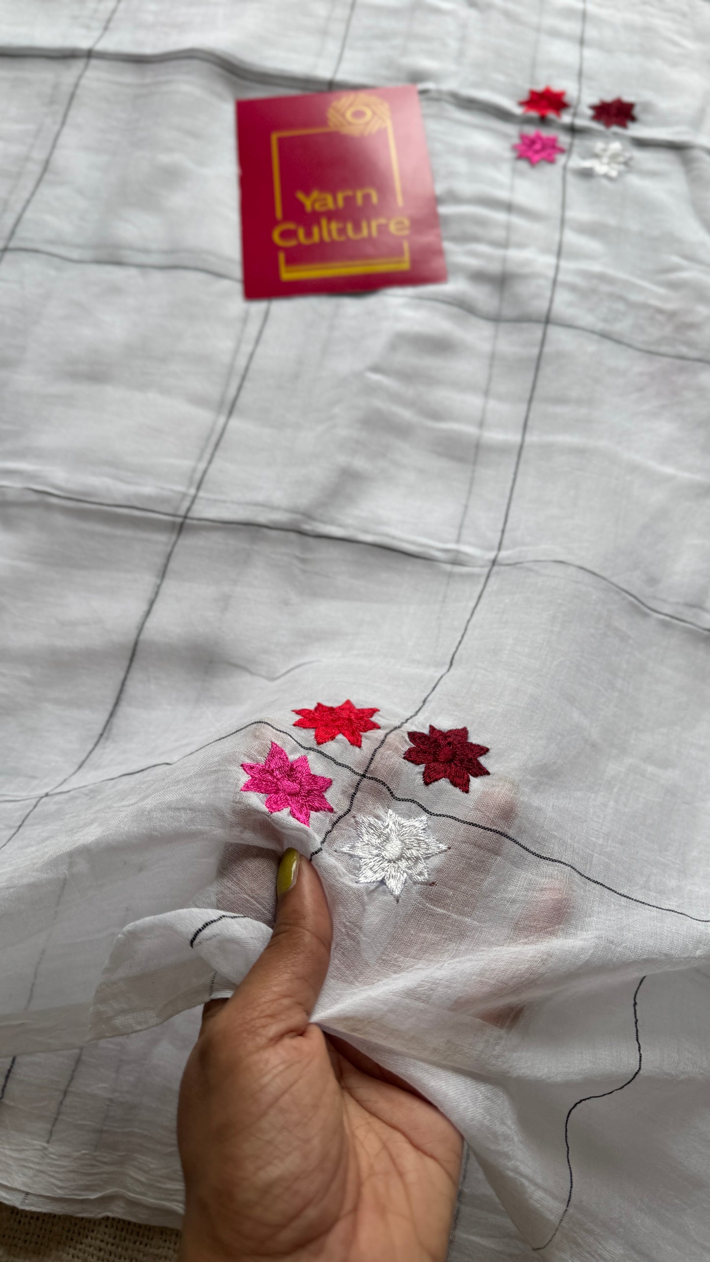 Checkered white, flower embroidery, mul cotton YCBCMCM20