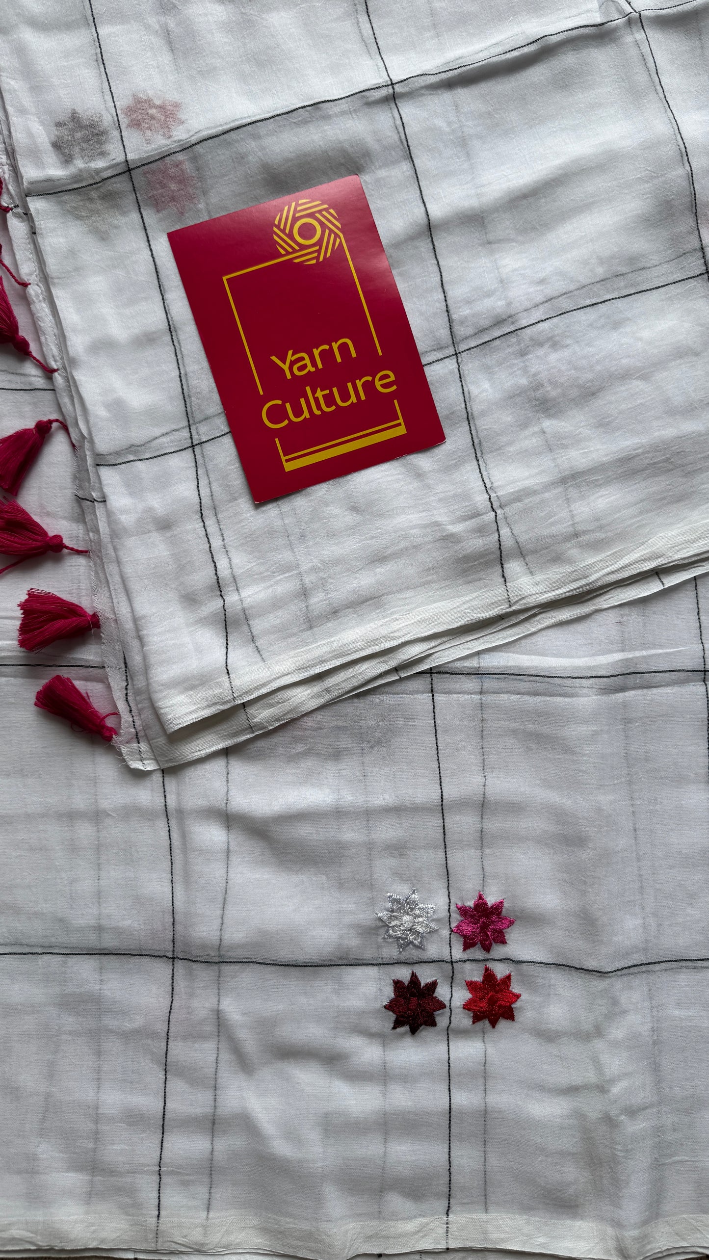 Checkered white, flower embroidery, mul cotton YCBCMCM20