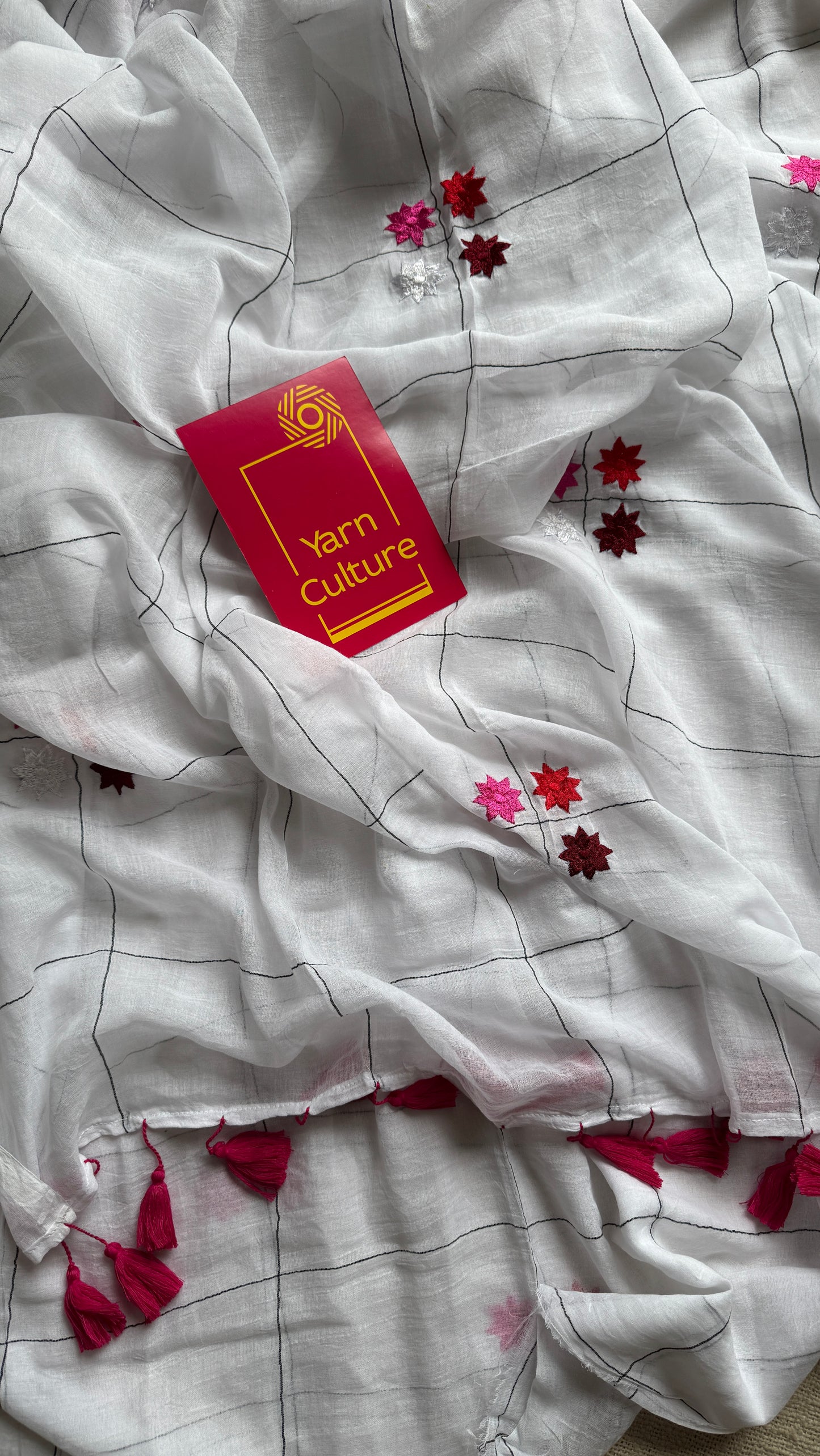 Checkered white, flower embroidery, mul cotton YCBCMCM20