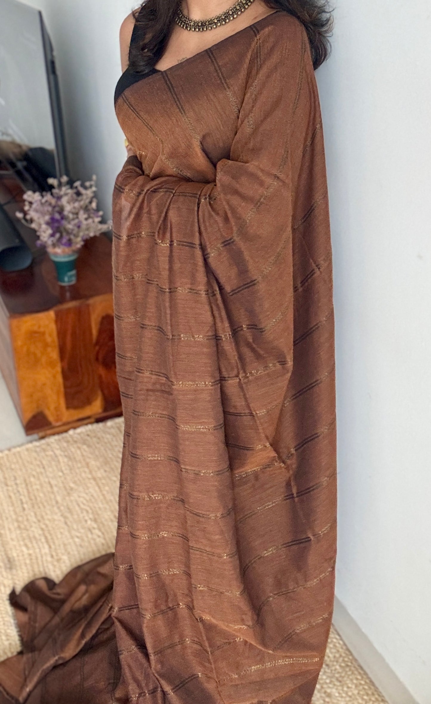 Brown, gold zari double stripes - Soft Khadi Cotton, YCBCKDS01