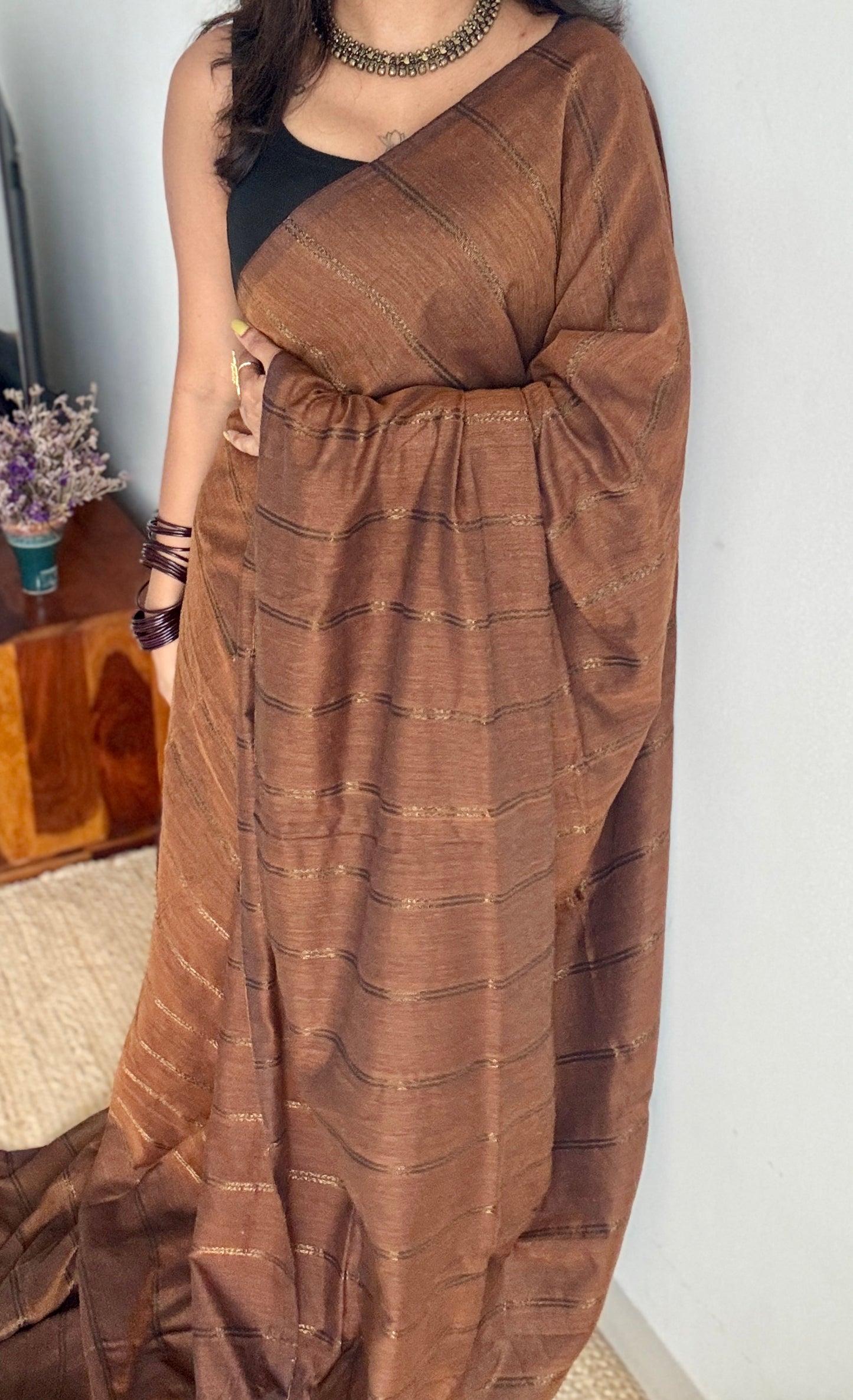 Brown, gold zari double stripes - Soft Khadi Cotton, YCBCKDS01