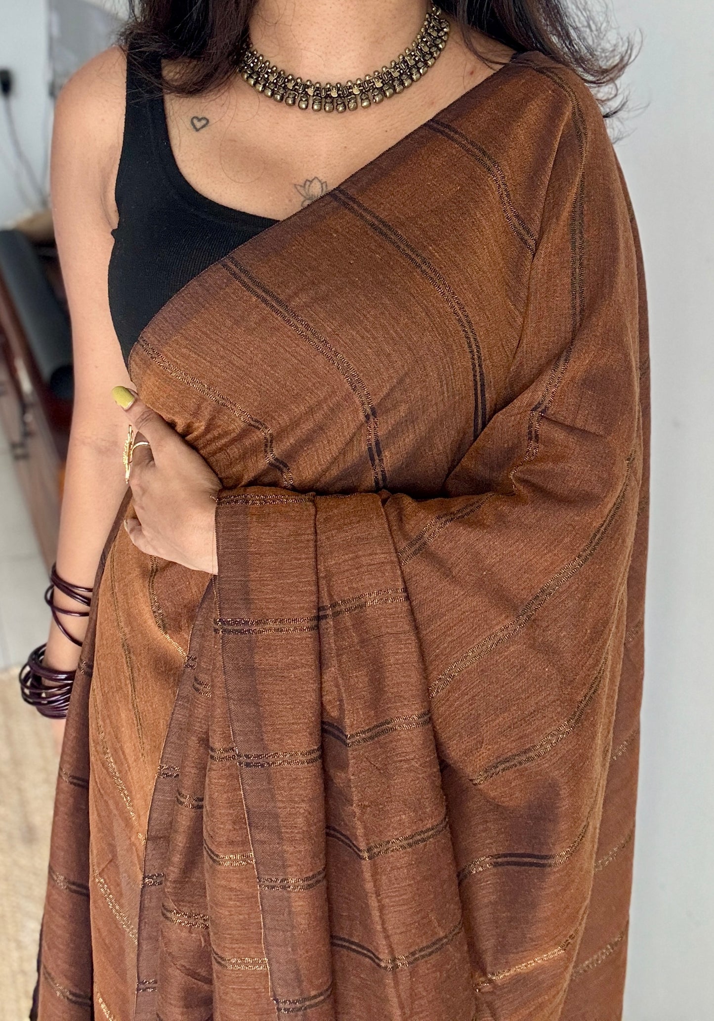 Brown, gold zari double stripes - Soft Khadi Cotton, YCBCKDS01