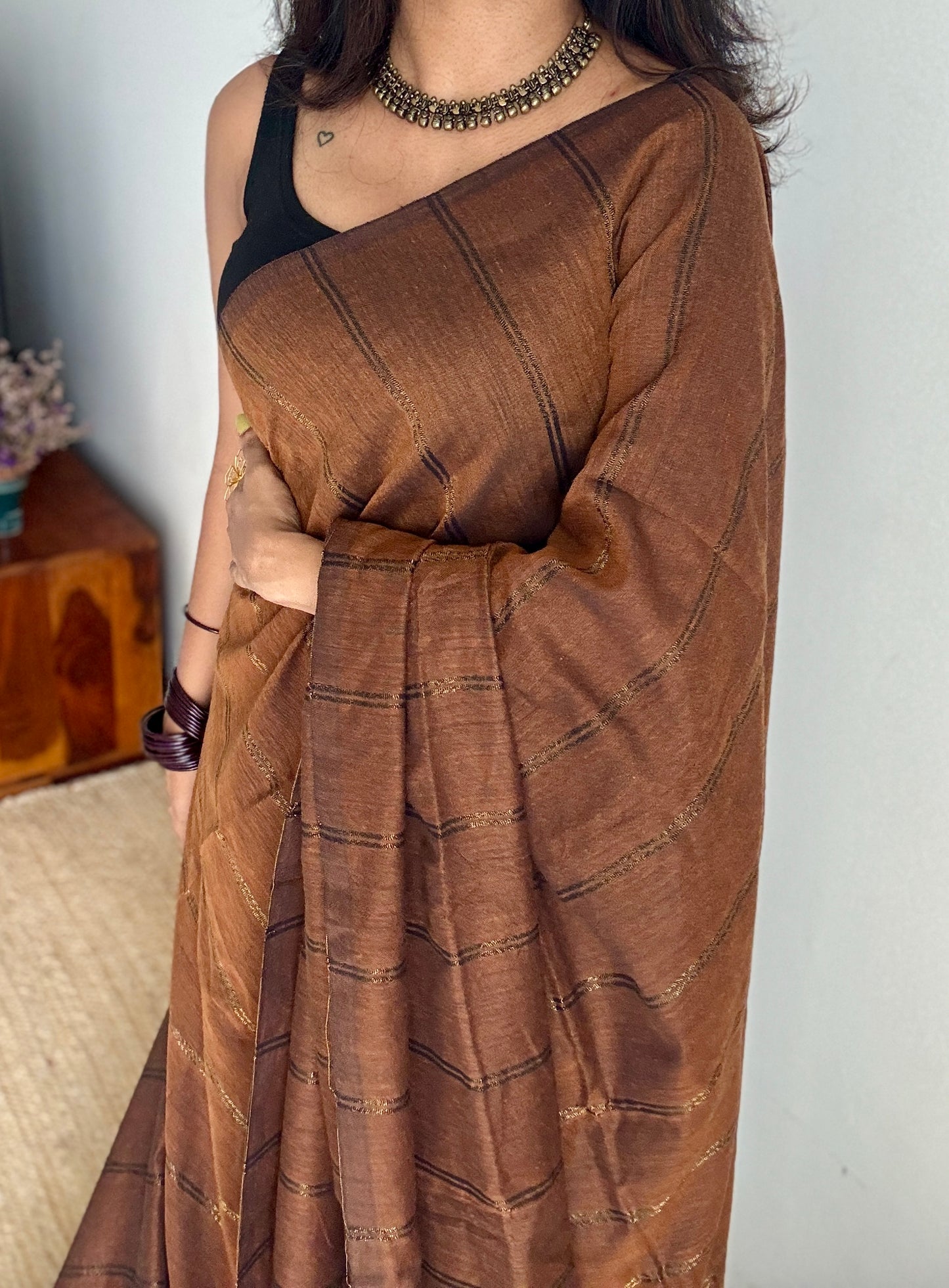 Brown, gold zari double stripes - Soft Khadi Cotton, YCBCKDS01