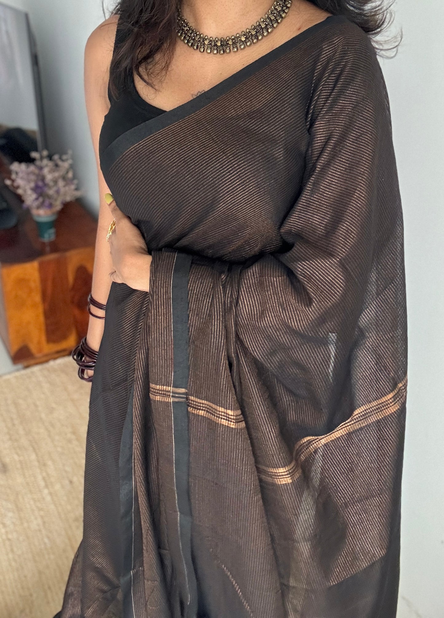 Black,copper zari stripes - Soft Khadi Cotton, YCBCSKZS01