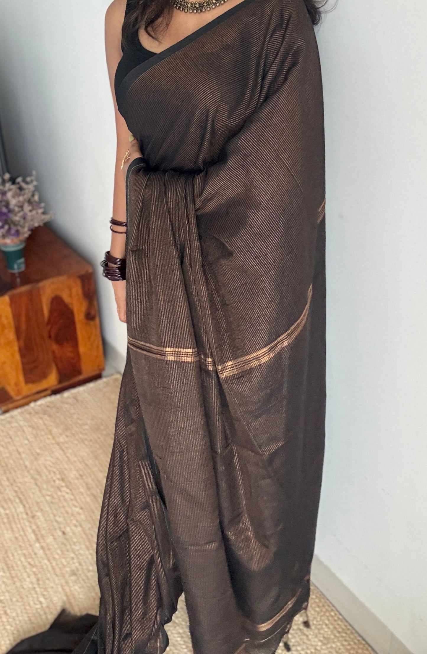 Black,copper zari stripes - Soft Khadi Cotton, YCBCSKZS01