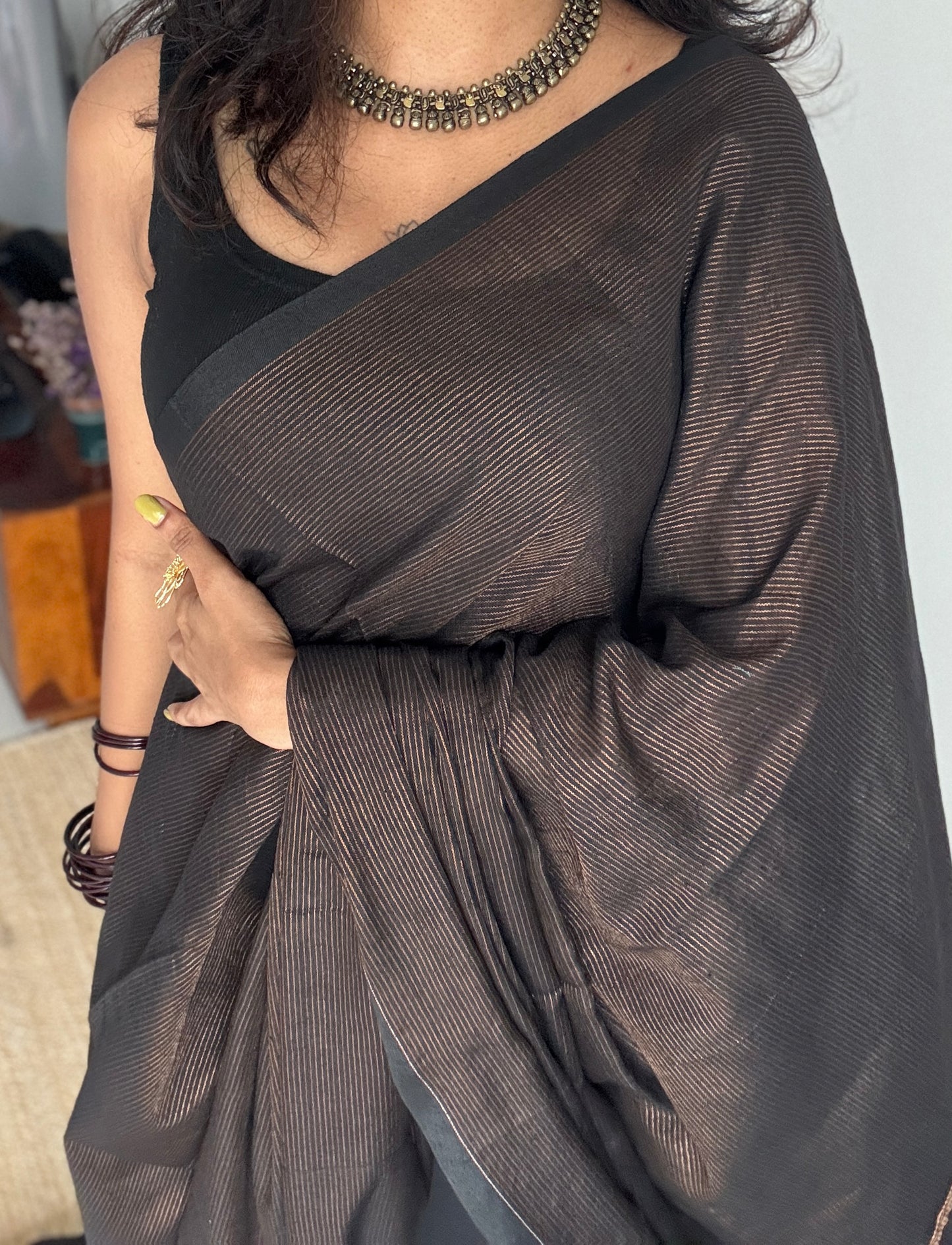 Black,copper zari stripes - Soft Khadi Cotton, YCBCSKZS01