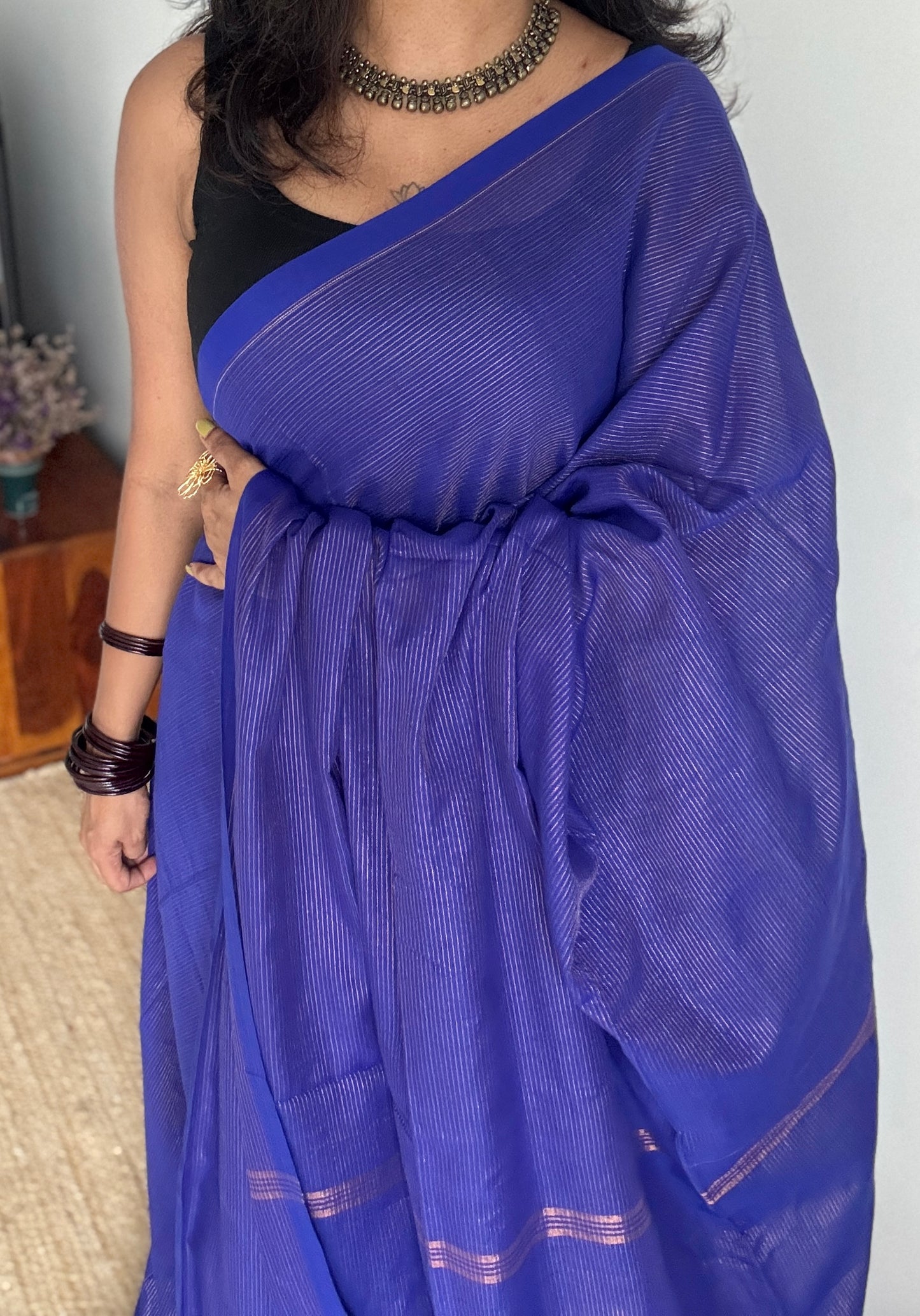 Royal blue, gold zari stripes - Soft Khadi Cotton, YCBCSKZS07
