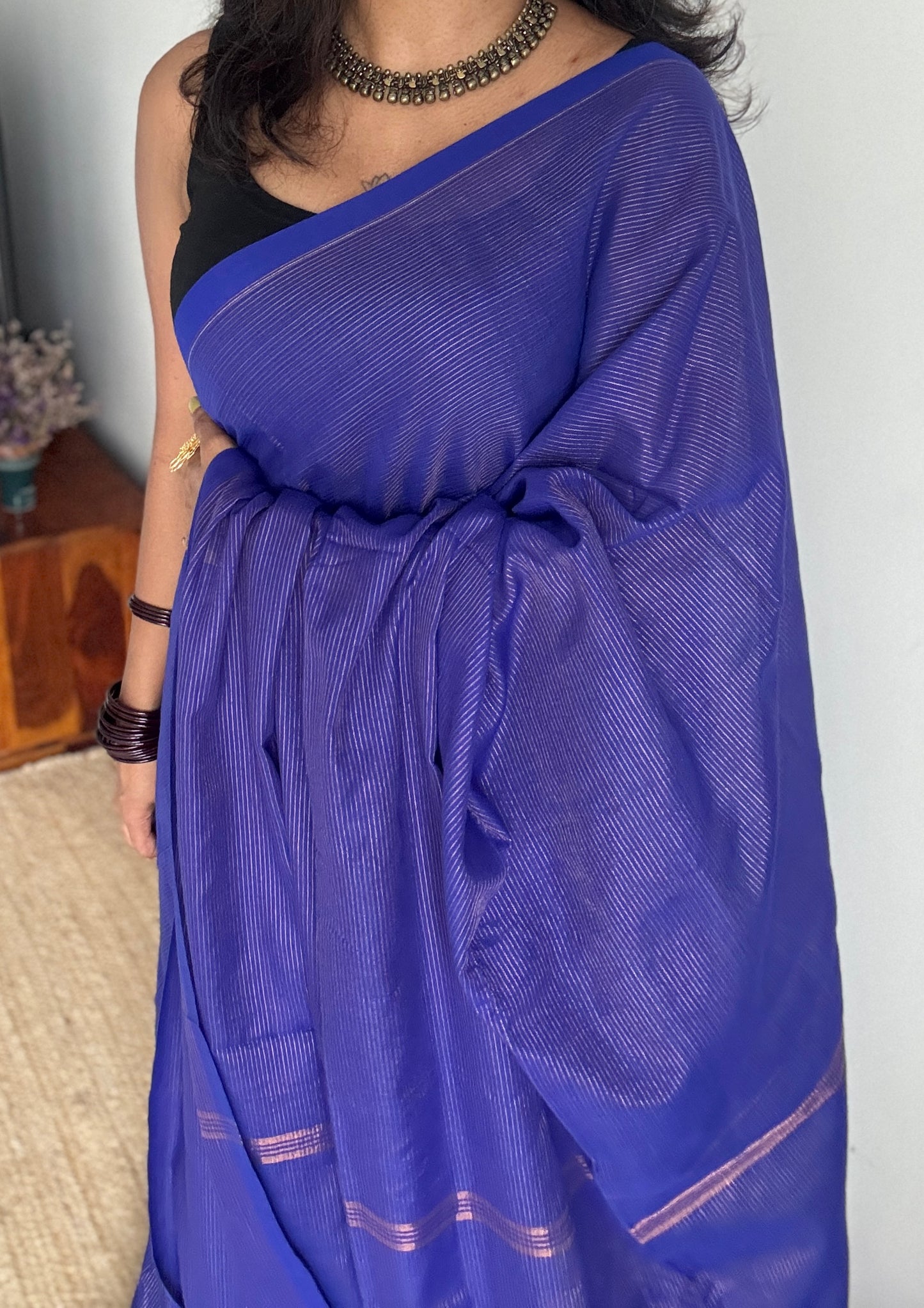 Royal blue, gold zari stripes - Soft Khadi Cotton, YCBCSKZS07