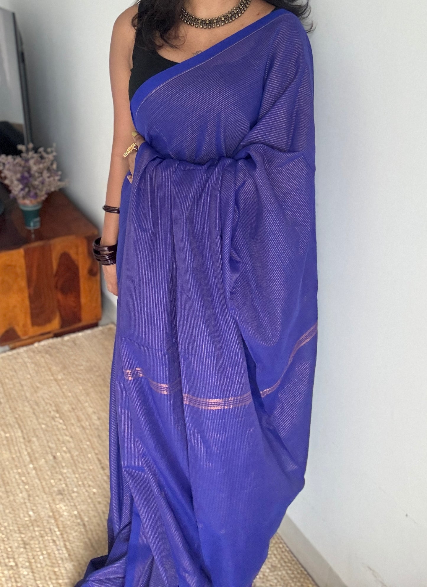Royal blue, gold zari stripes - Soft Khadi Cotton, YCBCSKZS07